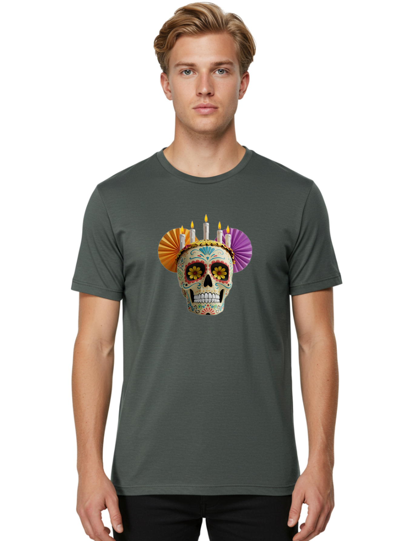 Sugar-Skull-11 Men'S Graphic Tee, 100% Cotton, Comfortable Casual Summer Wear, Machine Washable, Sugar Skull, Day Of The Dead, Vibrant Colors, Festive Decorations, Candles Lit, Flowers In Eyes, Traditional Mexican Art, Cultural Celebration, Bad760 21