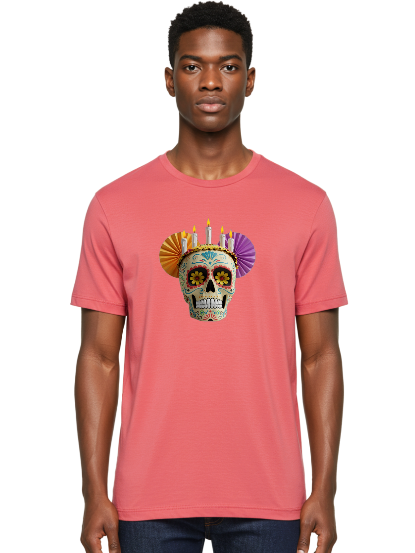 Sugar-Skull-11 Men'S Graphic Tee, 100% Cotton, Comfortable Casual Summer Wear, Machine Washable, Sugar Skull, Day Of The Dead, Vibrant Colors, Festive Decorations, Candles Lit, Flowers In Eyes, Traditional Mexican Art, Cultural Celebration, Bad760 23