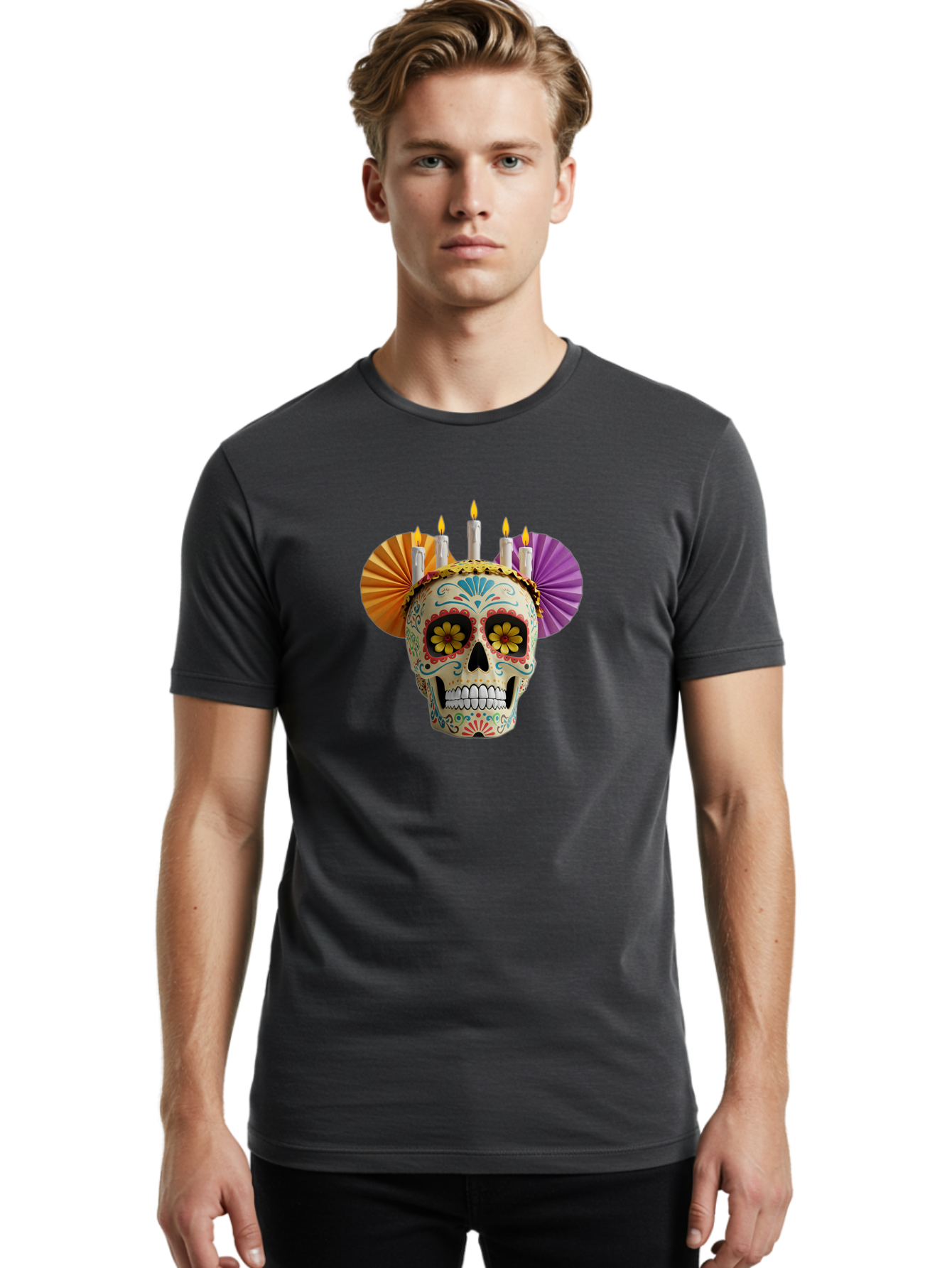 Sugar-Skull-11 Men'S Graphic Tee, 100% Cotton, Comfortable Casual Summer Wear, Machine Washable, Sugar Skull, Day Of The Dead, Vibrant Colors, Festive Decorations, Candles Lit, Flowers In Eyes, Traditional Mexican Art, Cultural Celebration, Bad760 29