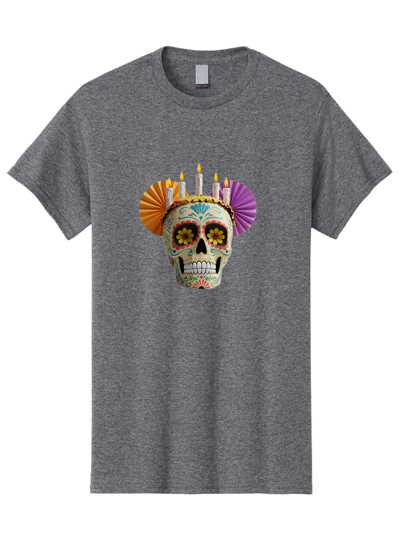 Sugar-Skull-11 Men'S Graphic Tee, 100% Cotton, Comfortable Casual Summer Wear, Machine Washable, Sugar Skull, Day Of The Dead, Vibrant Colors, Festive Decorations, Candles Lit, Flowers In Eyes, Traditional Mexican Art, Cultural Celebration, Bad760 2