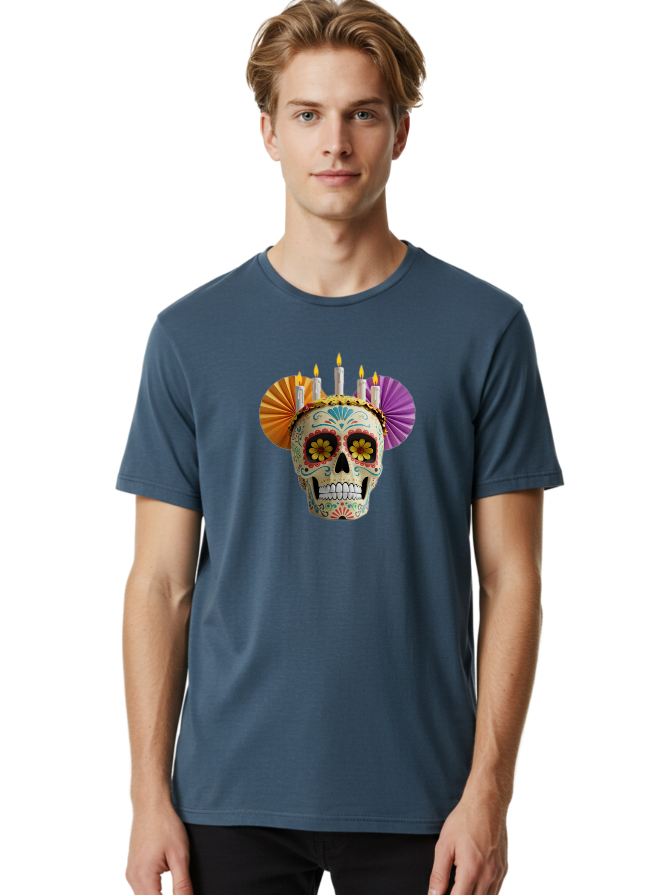 Sugar-Skull-11 Men'S Graphic Tee, 100% Cotton, Comfortable Casual Summer Wear, Machine Washable, Sugar Skull, Day Of The Dead, Vibrant Colors, Festive Decorations, Candles Lit, Flowers In Eyes, Traditional Mexican Art, Cultural Celebration, Bad760 24