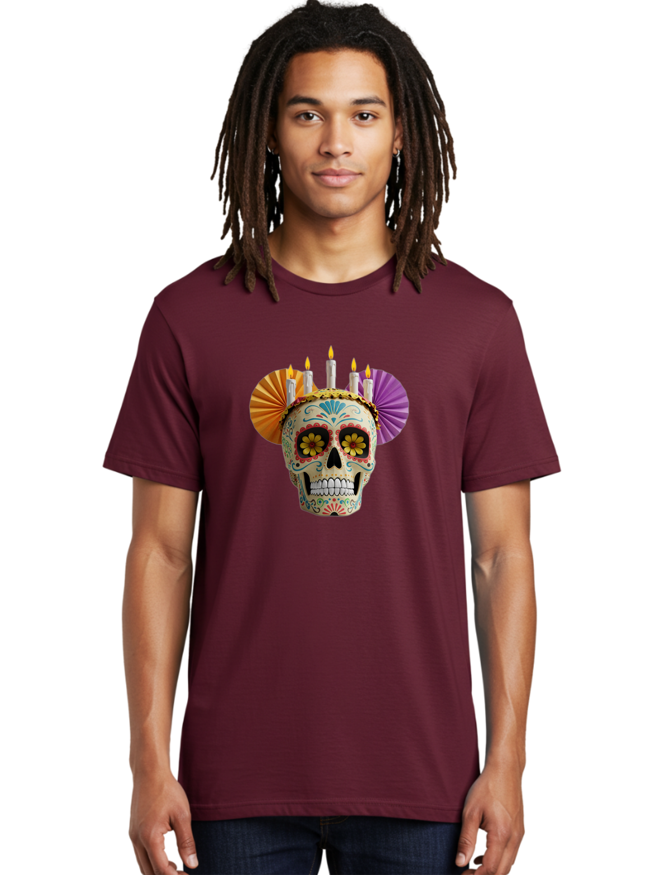 Sugar-Skull-11 Men'S Graphic Tee, 100% Cotton, Comfortable Casual Summer Wear, Machine Washable, Sugar Skull, Day Of The Dead, Vibrant Colors, Festive Decorations, Candles Lit, Flowers In Eyes, Traditional Mexican Art, Cultural Celebration, Bad760 27