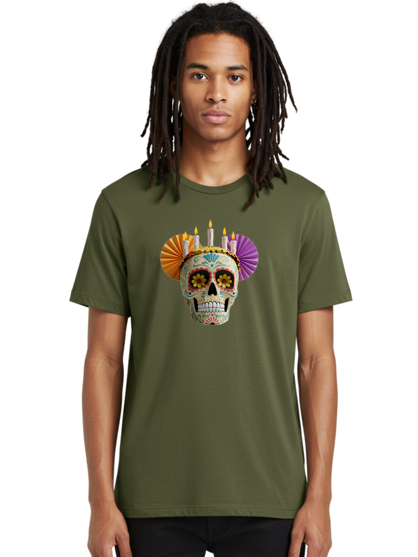 Sugar-Skull-11 Men'S Graphic Tee, 100% Cotton, Comfortable Casual Summer Wear, Machine Washable, Sugar Skull, Day Of The Dead, Vibrant Colors, Festive Decorations, Candles Lit, Flowers In Eyes, Traditional Mexican Art, Cultural Celebration, Bad760 16