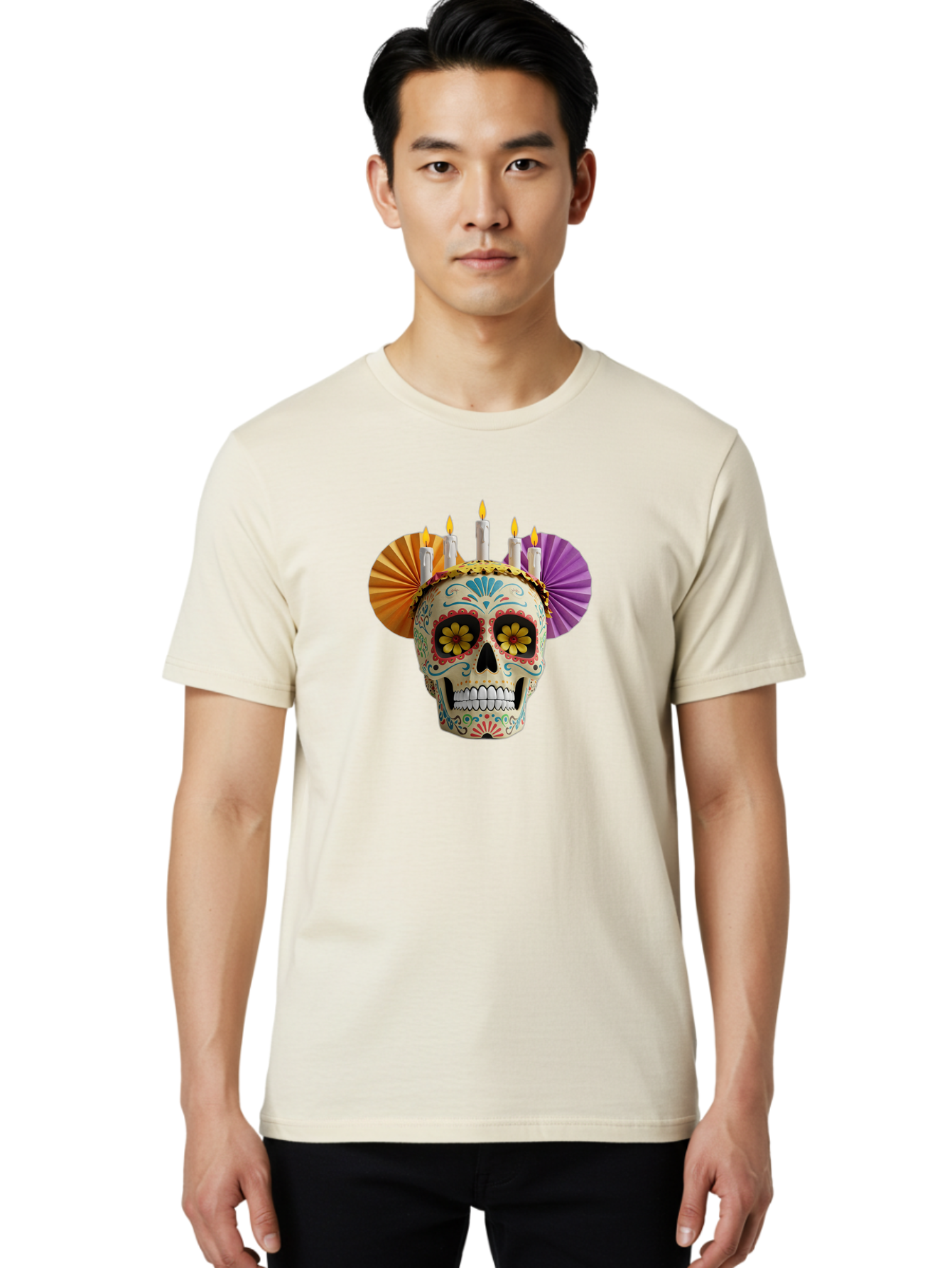 Sugar-Skull-11 Men'S Graphic Tee, 100% Cotton, Comfortable Casual Summer Wear, Machine Washable, Sugar Skull, Day Of The Dead, Vibrant Colors, Festive Decorations, Candles Lit, Flowers In Eyes, Traditional Mexican Art, Cultural Celebration, Bad760 22
