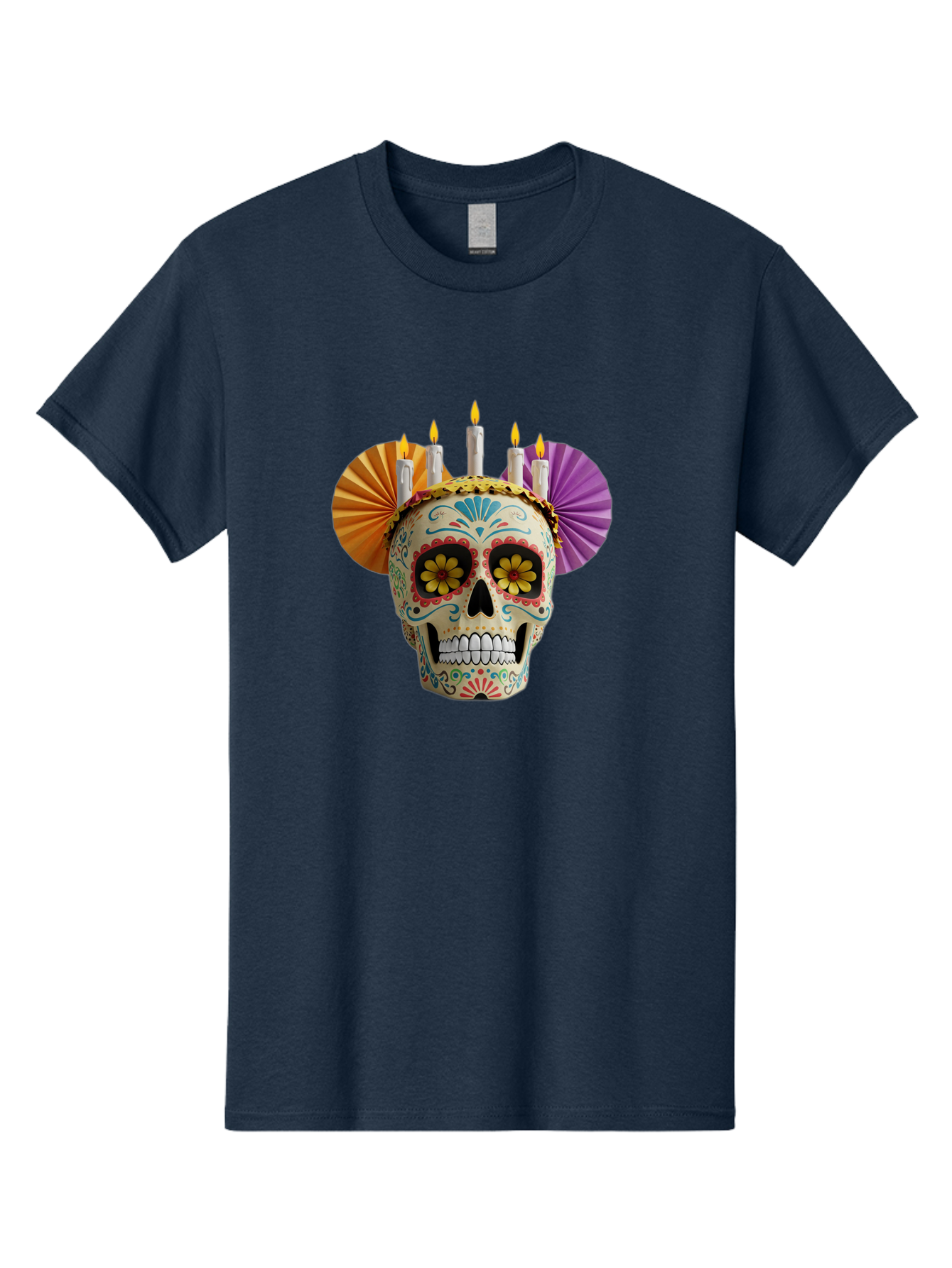 Sugar-Skull-11 Men'S Graphic Tee, 100% Cotton, Comfortable Casual Summer Wear, Machine Washable, Sugar Skull, Day Of The Dead, Vibrant Colors, Festive Decorations, Candles Lit, Flowers In Eyes, Traditional Mexican Art, Cultural Celebration, Bad760 4