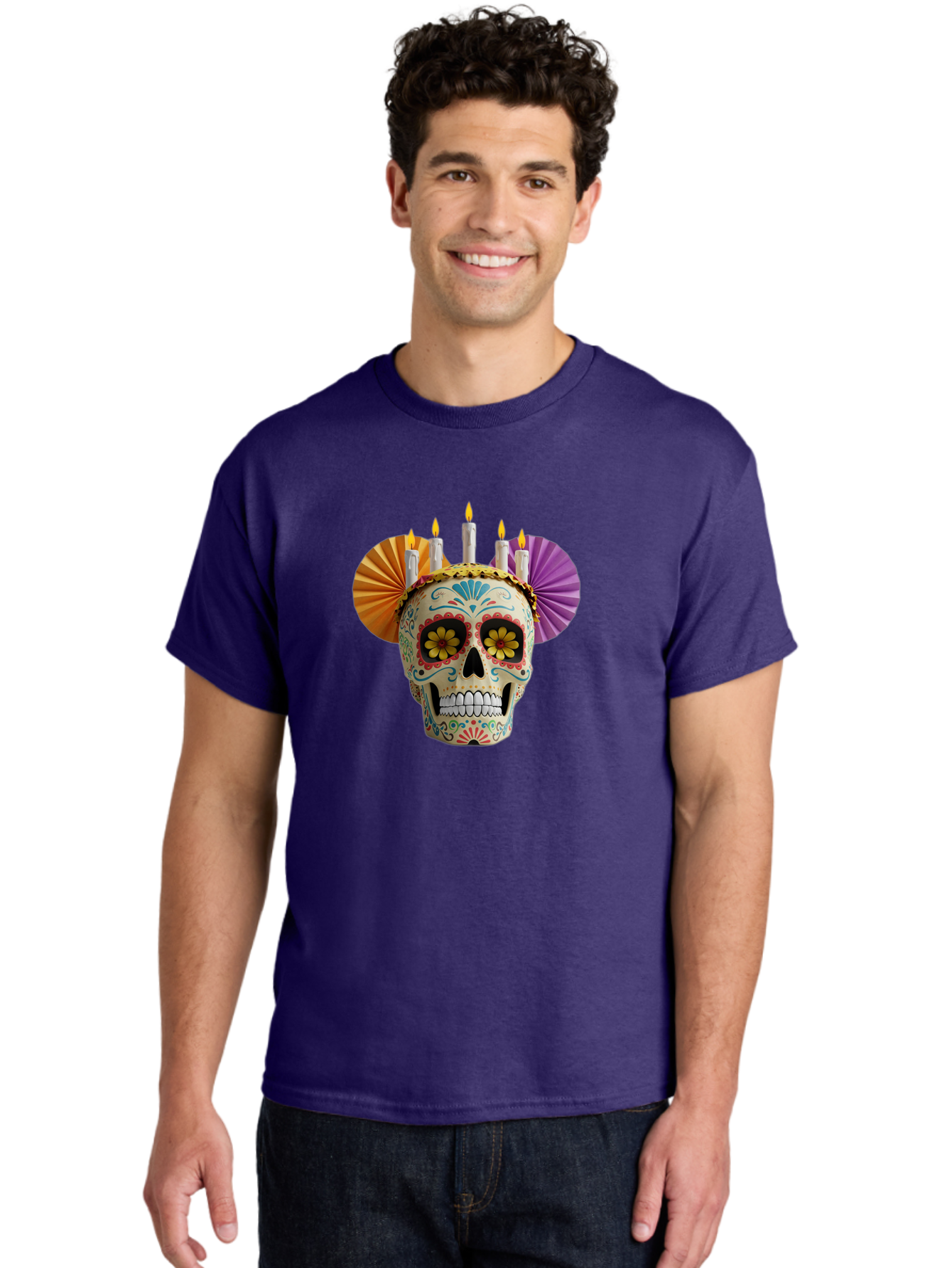 Sugar-Skull-11 Men'S Graphic Tee, 100% Cotton, Comfortable Casual Summer Wear, Machine Washable, Sugar Skull, Day Of The Dead, Vibrant Colors, Festive Decorations, Candles Lit, Flowers In Eyes, Traditional Mexican Art, Cultural Celebration, Bad760 26