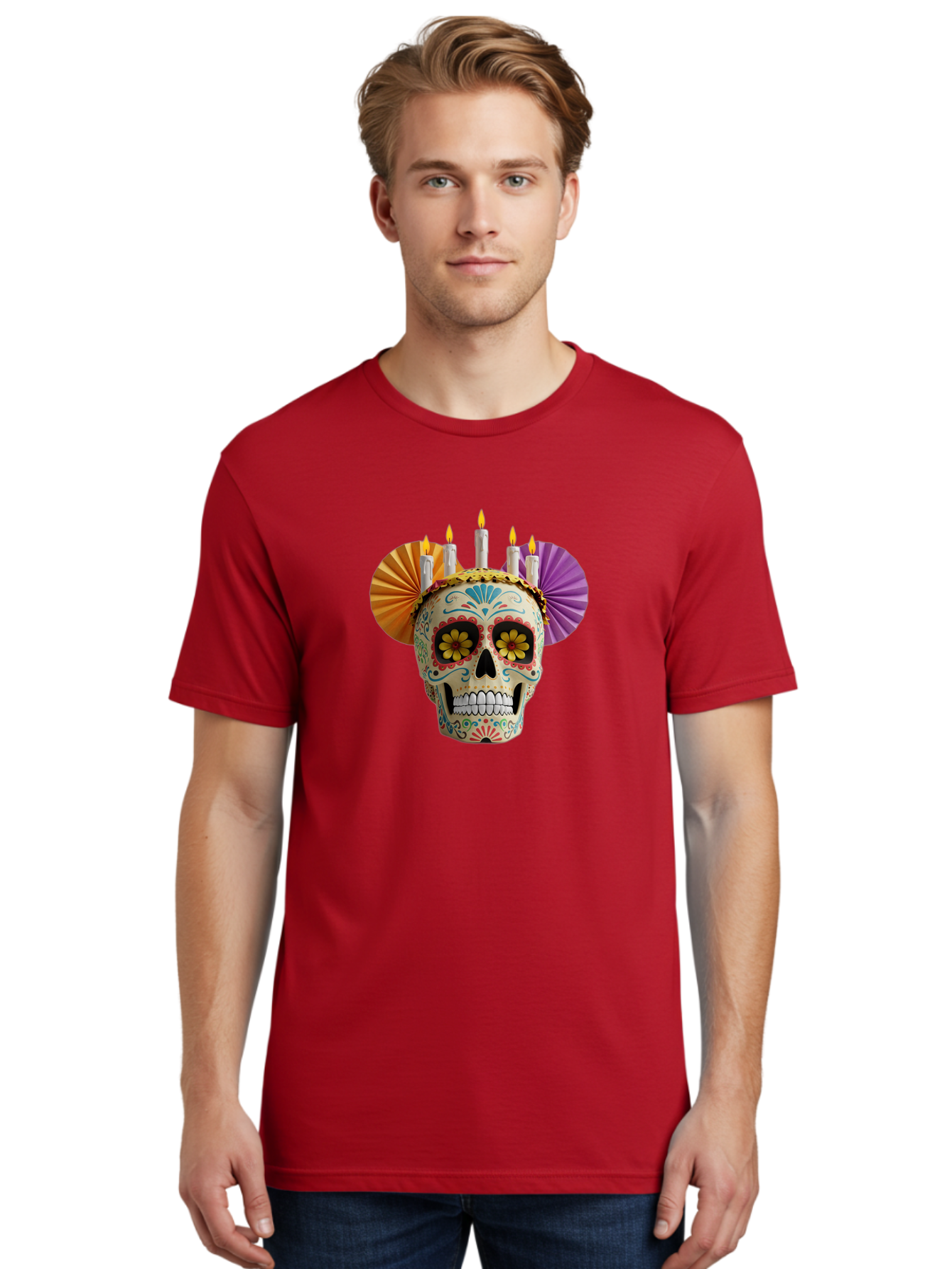 Sugar-Skull-11 Men'S Graphic Tee, 100% Cotton, Comfortable Casual Summer Wear, Machine Washable, Sugar Skull, Day Of The Dead, Vibrant Colors, Festive Decorations, Candles Lit, Flowers In Eyes, Traditional Mexican Art, Cultural Celebration, Bad760 18