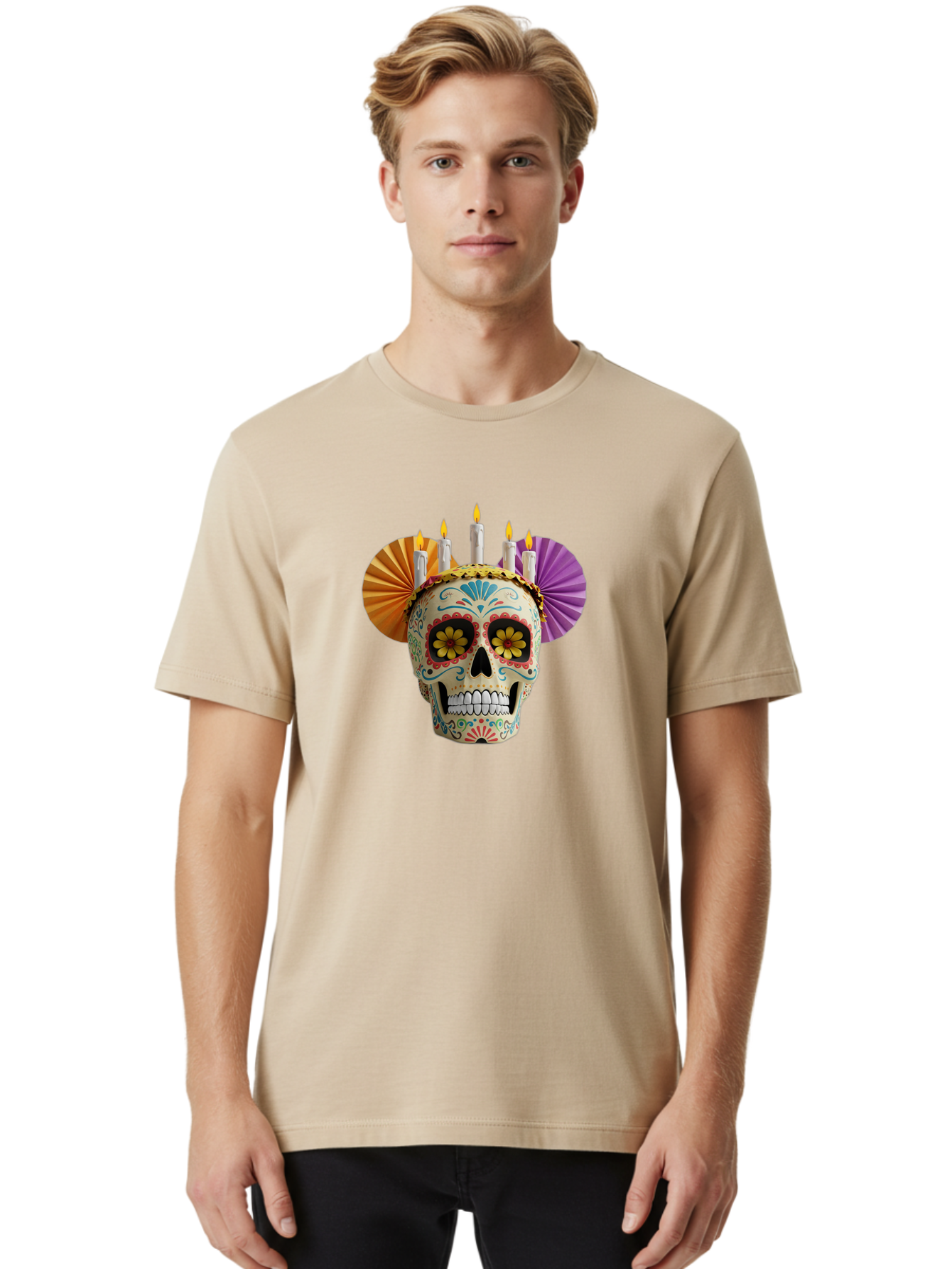 Sugar-Skull-11 Men'S Graphic Tee, 100% Cotton, Comfortable Casual Summer Wear, Machine Washable, Sugar Skull, Day Of The Dead, Vibrant Colors, Festive Decorations, Candles Lit, Flowers In Eyes, Traditional Mexican Art, Cultural Celebration, Bad760 28