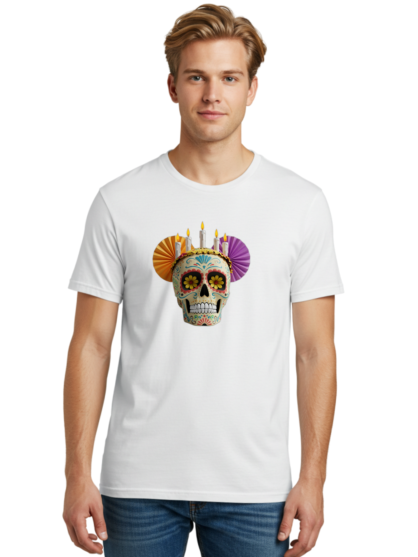 Sugar-Skull-11 Men'S Graphic Tee, 100% Cotton, Comfortable Casual Summer Wear, Machine Washable, Sugar Skull, Day Of The Dead, Vibrant Colors, Festive Decorations, Candles Lit, Flowers In Eyes, Traditional Mexican Art, Cultural Celebration, Bad760 30