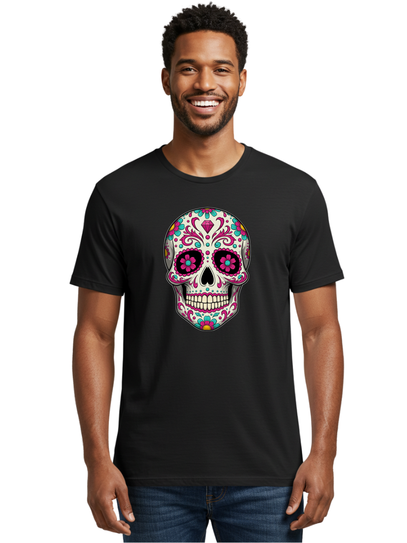 Sugar-Skull-13 Men'S Graphic Tee, 100% Cotton, Comfortable Casual Summer Wear, Machine Washable, Sugar Skull, Day Of The Dead, Colorful Skull, Floral Patterns, Vibrant Designs, Pink And Blue Flowers, Decorative Skull, Mexican Culture, Bad762 27