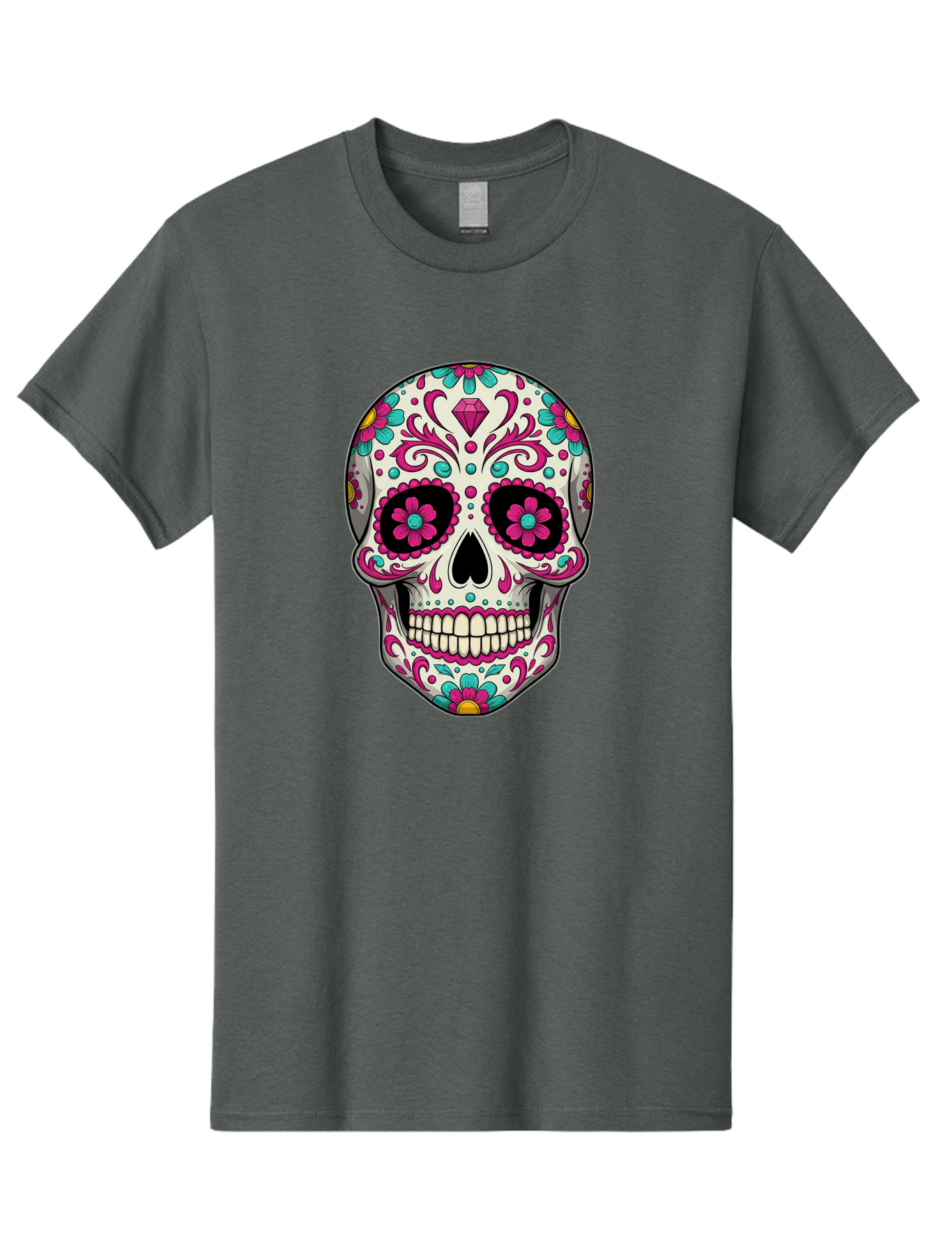 Sugar-Skull-13 Men'S Graphic Tee, 100% Cotton, Comfortable Casual Summer Wear, Machine Washable, Sugar Skull, Day Of The Dead, Colorful Skull, Floral Patterns, Vibrant Designs, Pink And Blue Flowers, Decorative Skull, Mexican Culture, Bad762 5