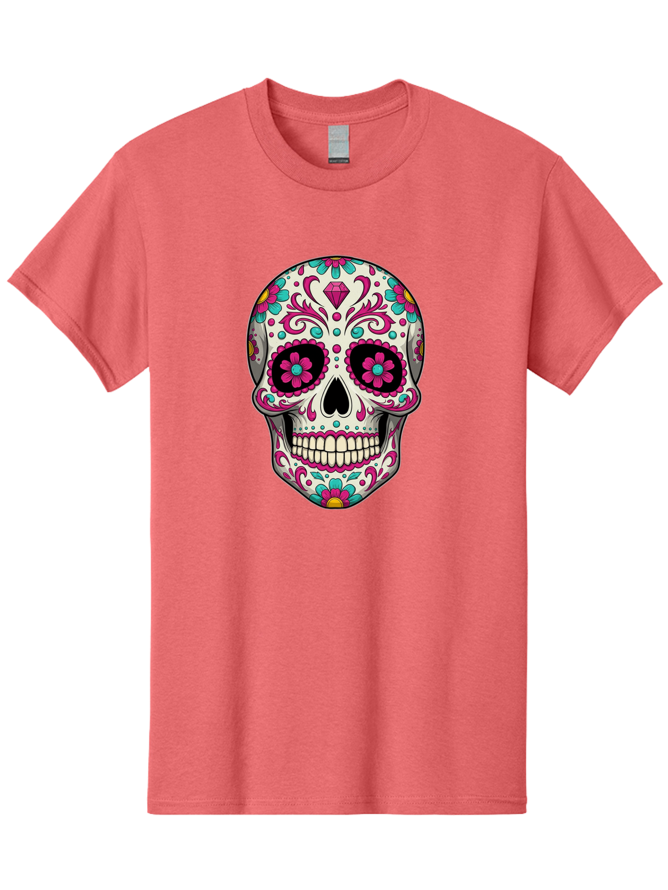 Sugar-Skull-13 Men'S Graphic Tee, 100% Cotton, Comfortable Casual Summer Wear, Machine Washable, Sugar Skull, Day Of The Dead, Colorful Skull, Floral Patterns, Vibrant Designs, Pink And Blue Flowers, Decorative Skull, Mexican Culture, Bad762 7