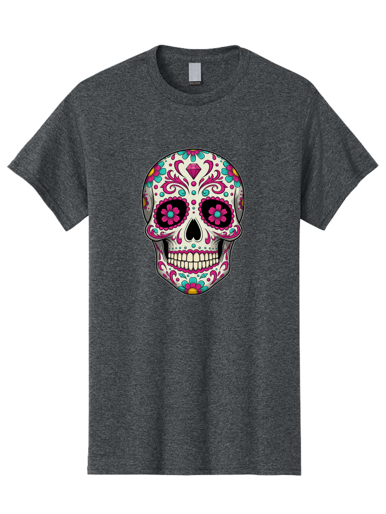 Sugar-Skull-13 Men'S Graphic Tee, 100% Cotton, Comfortable Casual Summer Wear, Machine Washable, Sugar Skull, Day Of The Dead, Colorful Skull, Floral Patterns, Vibrant Designs, Pink And Blue Flowers, Decorative Skull, Mexican Culture, Bad762 9