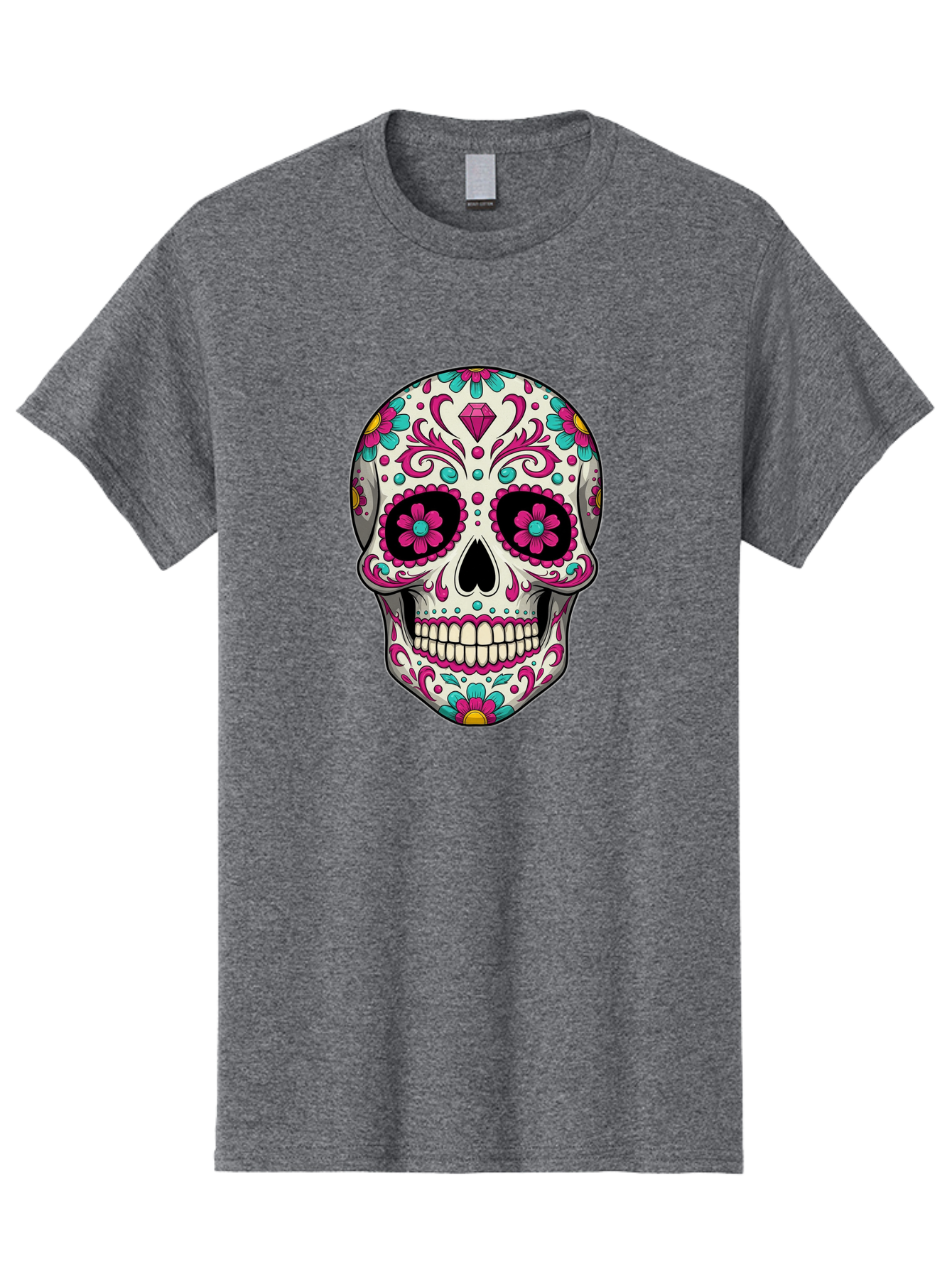 Sugar-Skull-13 Men'S Graphic Tee, 100% Cotton, Comfortable Casual Summer Wear, Machine Washable, Sugar Skull, Day Of The Dead, Colorful Skull, Floral Patterns, Vibrant Designs, Pink And Blue Flowers, Decorative Skull, Mexican Culture, Bad762 15