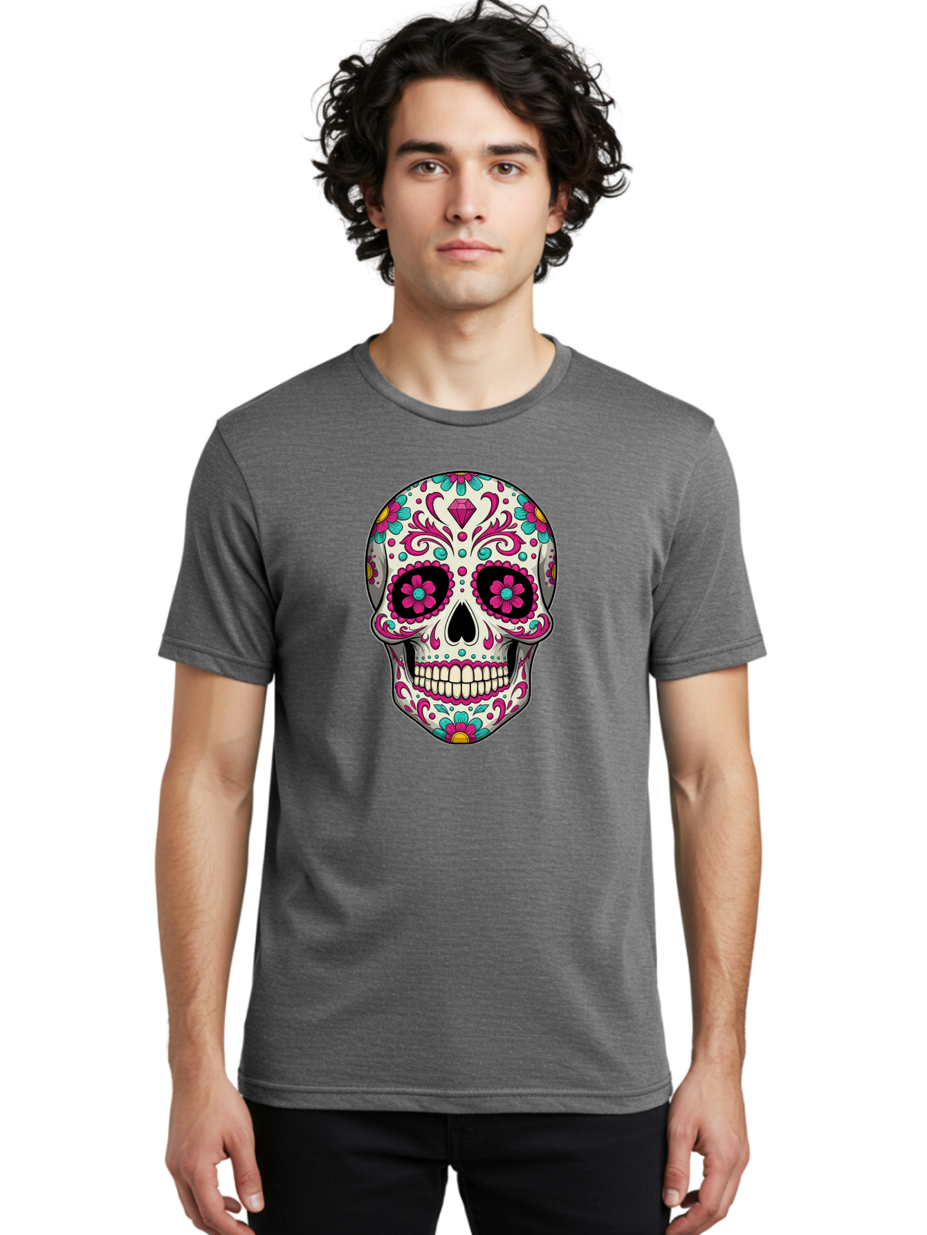 Sugar-Skull-13 Men'S Graphic Tee, 100% Cotton, Comfortable Casual Summer Wear, Machine Washable, Sugar Skull, Day Of The Dead, Colorful Skull, Floral Patterns, Vibrant Designs, Pink And Blue Flowers, Decorative Skull, Mexican Culture, Bad762 30