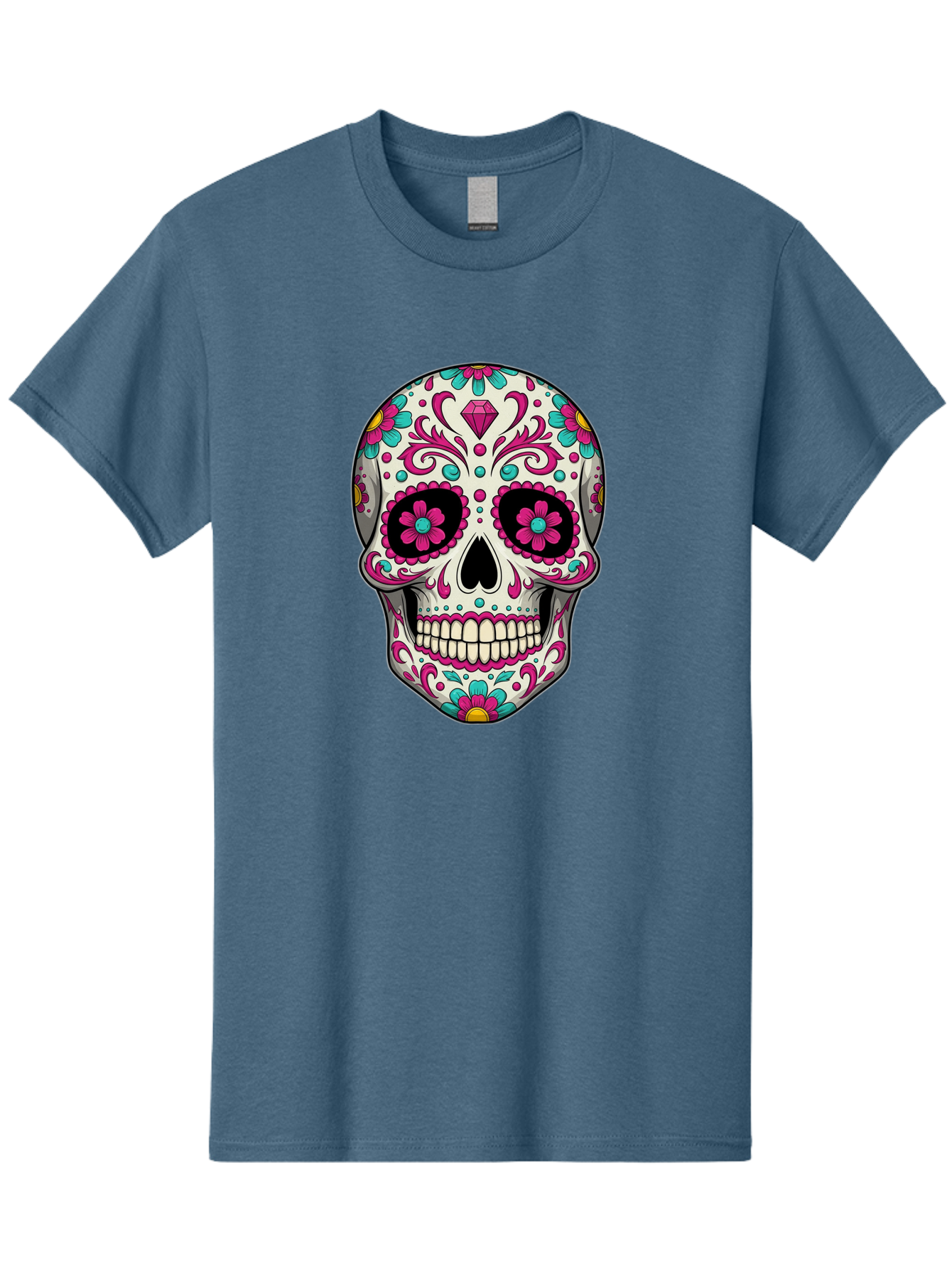 Sugar-Skull-13 Men'S Graphic Tee, 100% Cotton, Comfortable Casual Summer Wear, Machine Washable, Sugar Skull, Day Of The Dead, Colorful Skull, Floral Patterns, Vibrant Designs, Pink And Blue Flowers, Decorative Skull, Mexican Culture, Bad762 13