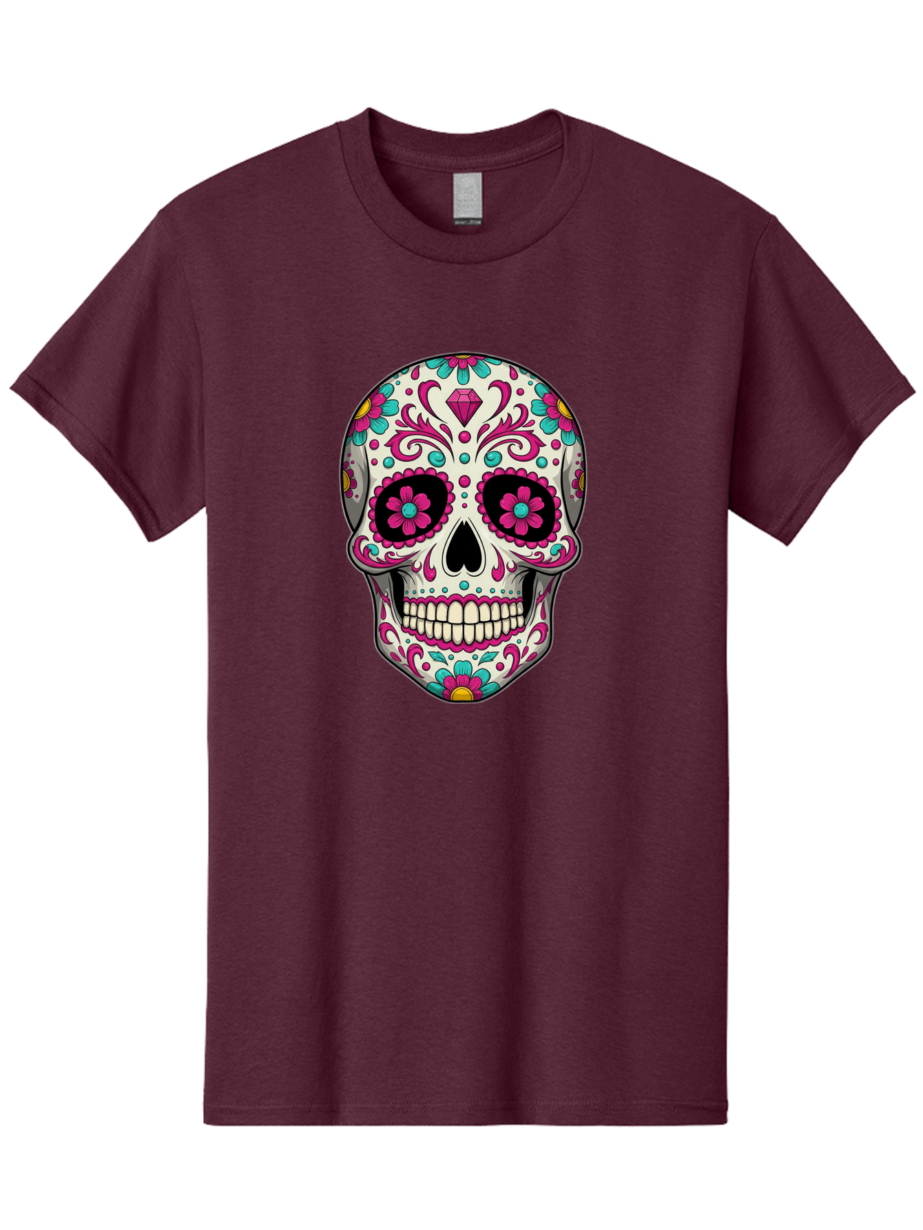 Sugar-Skull-13 Men'S Graphic Tee, 100% Cotton, Comfortable Casual Summer Wear, Machine Washable, Sugar Skull, Day Of The Dead, Colorful Skull, Floral Patterns, Vibrant Designs, Pink And Blue Flowers, Decorative Skull, Mexican Culture, Bad762 2