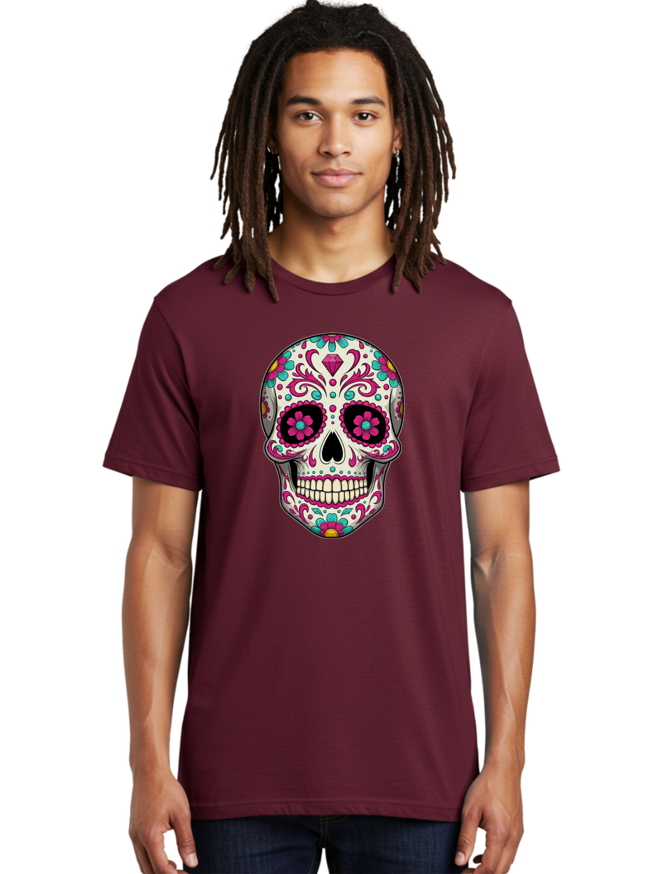 Sugar-Skull-13 Men'S Graphic Tee, 100% Cotton, Comfortable Casual Summer Wear, Machine Washable, Sugar Skull, Day Of The Dead, Colorful Skull, Floral Patterns, Vibrant Designs, Pink And Blue Flowers, Decorative Skull, Mexican Culture, Bad762 17
