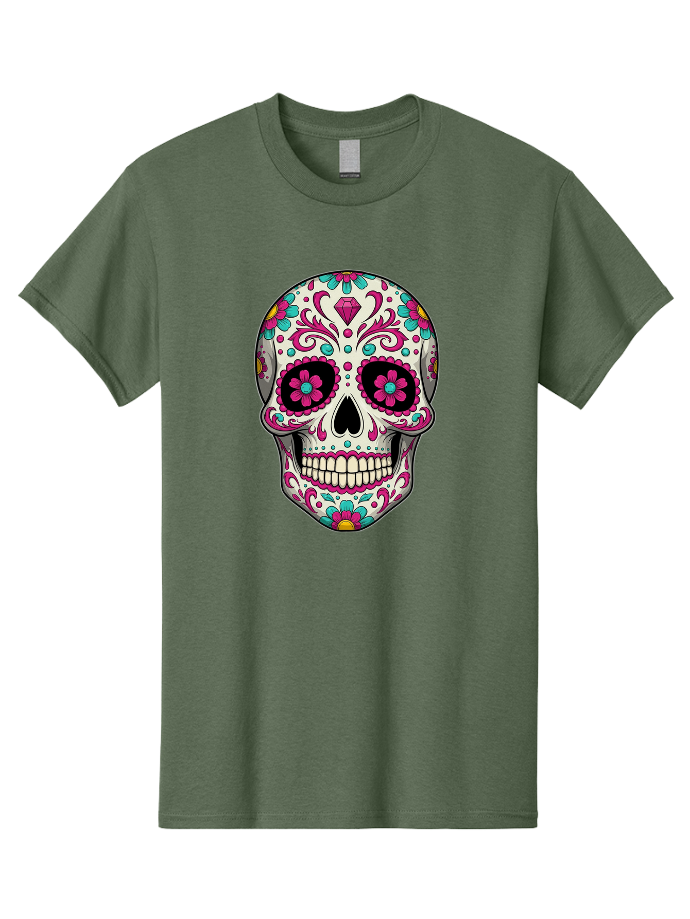 Sugar-Skull-13 Men'S Graphic Tee, 100% Cotton, Comfortable Casual Summer Wear, Machine Washable, Sugar Skull, Day Of The Dead, Colorful Skull, Floral Patterns, Vibrant Designs, Pink And Blue Flowers, Decorative Skull, Mexican Culture, Bad762 14
