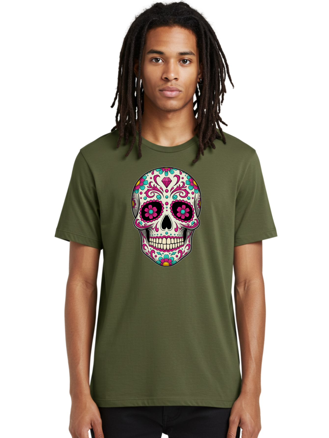 Sugar-Skull-13 Men'S Graphic Tee, 100% Cotton, Comfortable Casual Summer Wear, Machine Washable, Sugar Skull, Day Of The Dead, Colorful Skull, Floral Patterns, Vibrant Designs, Pink And Blue Flowers, Decorative Skull, Mexican Culture, Bad762 29