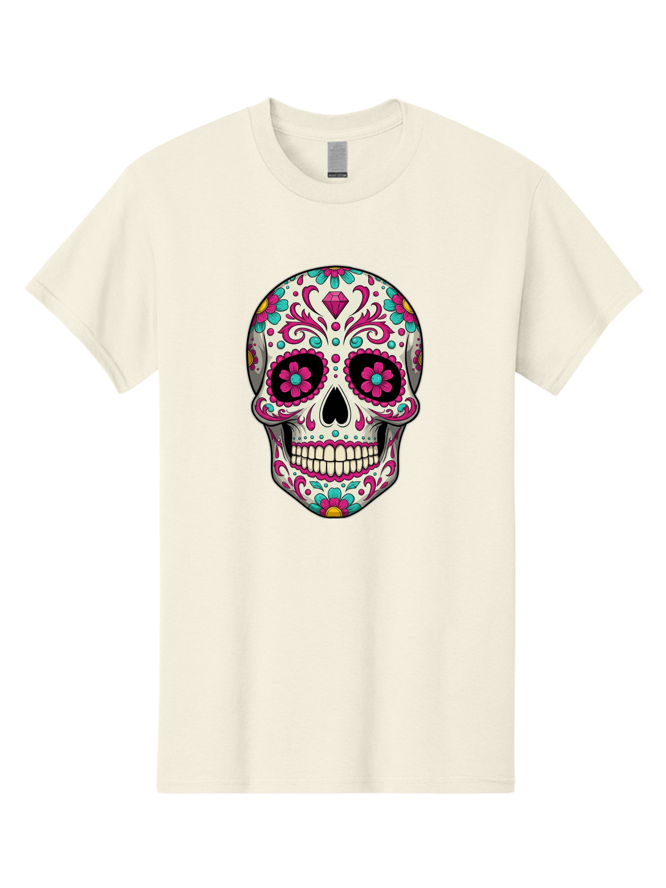 Sugar-Skull-13 Men'S Graphic Tee, 100% Cotton, Comfortable Casual Summer Wear, Machine Washable, Sugar Skull, Day Of The Dead, Colorful Skull, Floral Patterns, Vibrant Designs, Pink And Blue Flowers, Decorative Skull, Mexican Culture, Bad762 4