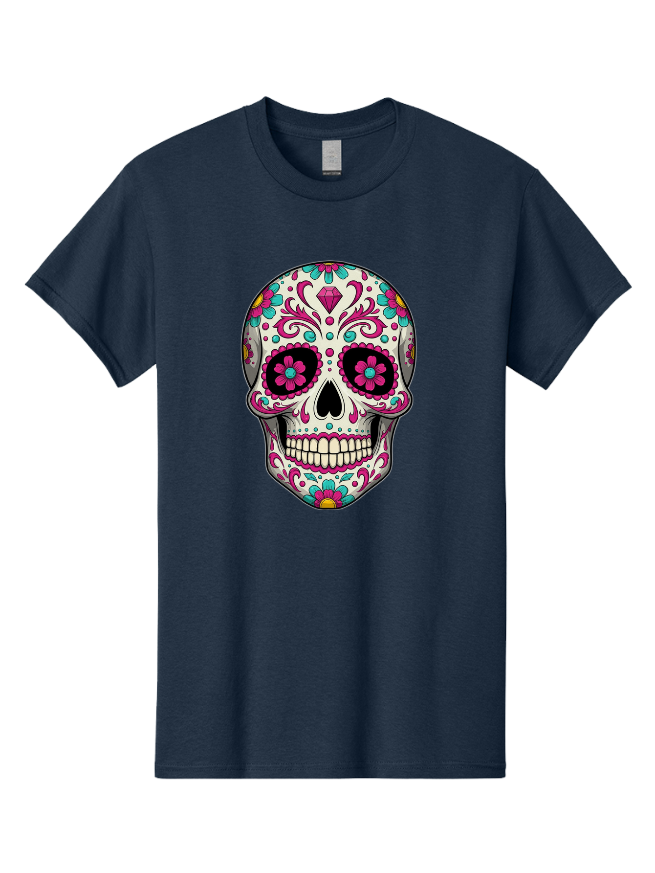 Sugar-Skull-13 Men'S Graphic Tee, 100% Cotton, Comfortable Casual Summer Wear, Machine Washable, Sugar Skull, Day Of The Dead, Colorful Skull, Floral Patterns, Vibrant Designs, Pink And Blue Flowers, Decorative Skull, Mexican Culture, Bad762 1