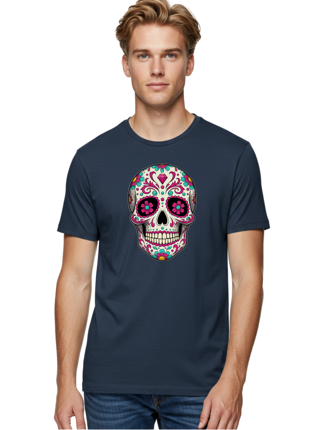 Sugar-Skull-13 Men'S Graphic Tee, 100% Cotton, Comfortable Casual Summer Wear, Machine Washable, Sugar Skull, Day Of The Dead, Colorful Skull, Floral Patterns, Vibrant Designs, Pink And Blue Flowers, Decorative Skull, Mexican Culture, Bad762 16