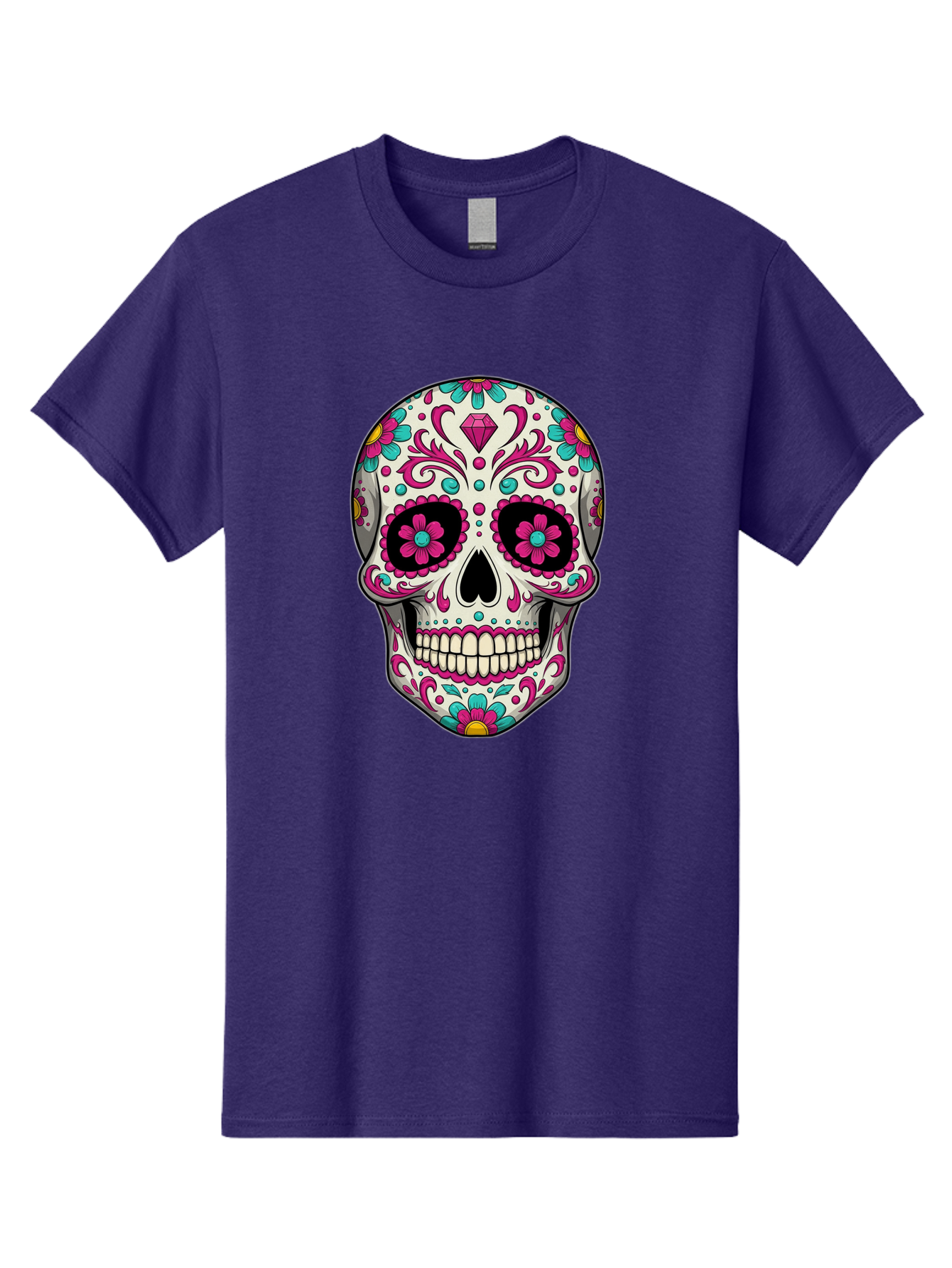 Sugar-Skull-13 Men'S Graphic Tee, 100% Cotton, Comfortable Casual Summer Wear, Machine Washable, Sugar Skull, Day Of The Dead, Colorful Skull, Floral Patterns, Vibrant Designs, Pink And Blue Flowers, Decorative Skull, Mexican Culture, Bad762 8