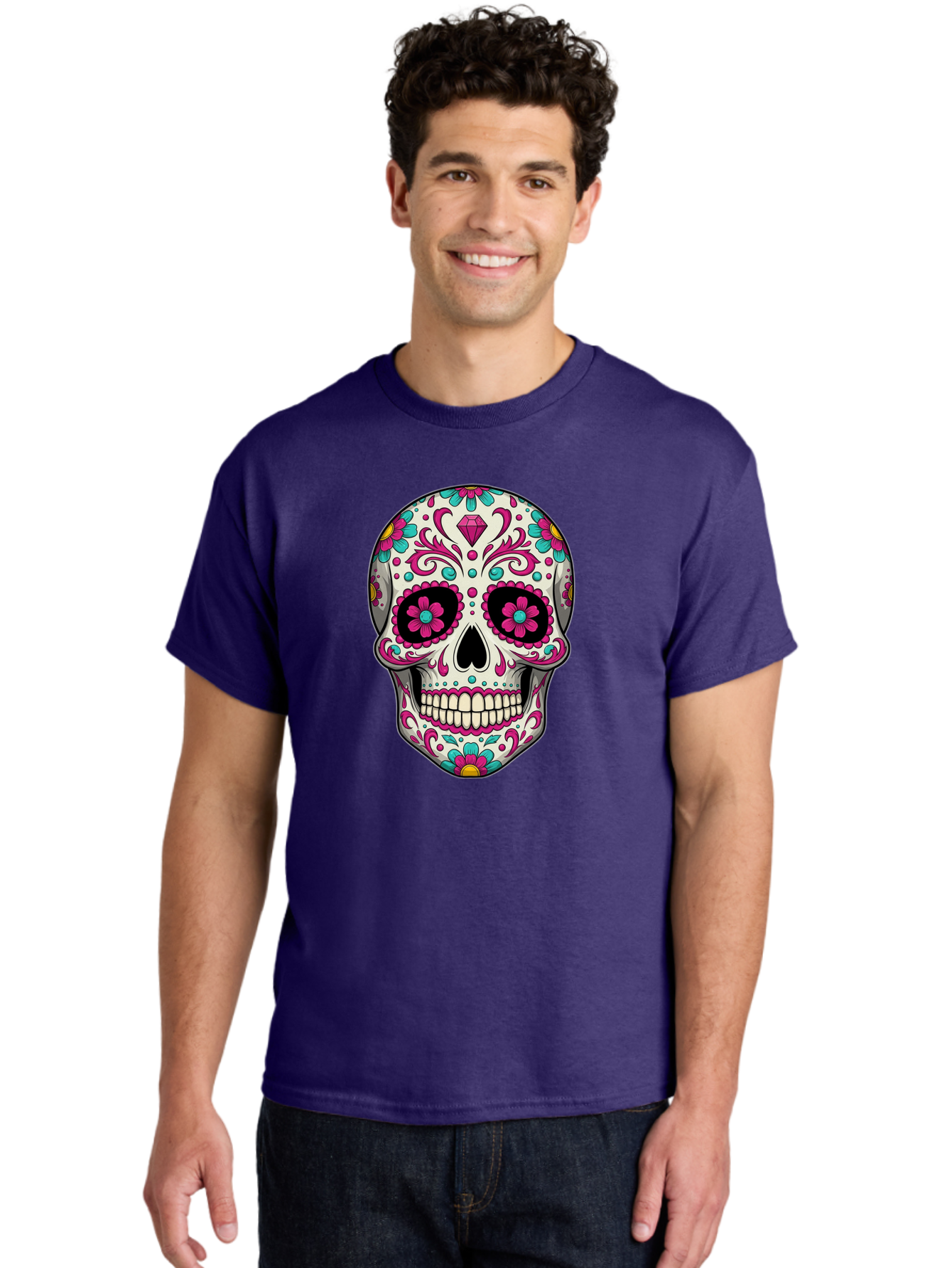 Sugar-Skull-13 Men'S Graphic Tee, 100% Cotton, Comfortable Casual Summer Wear, Machine Washable, Sugar Skull, Day Of The Dead, Colorful Skull, Floral Patterns, Vibrant Designs, Pink And Blue Flowers, Decorative Skull, Mexican Culture, Bad762 23