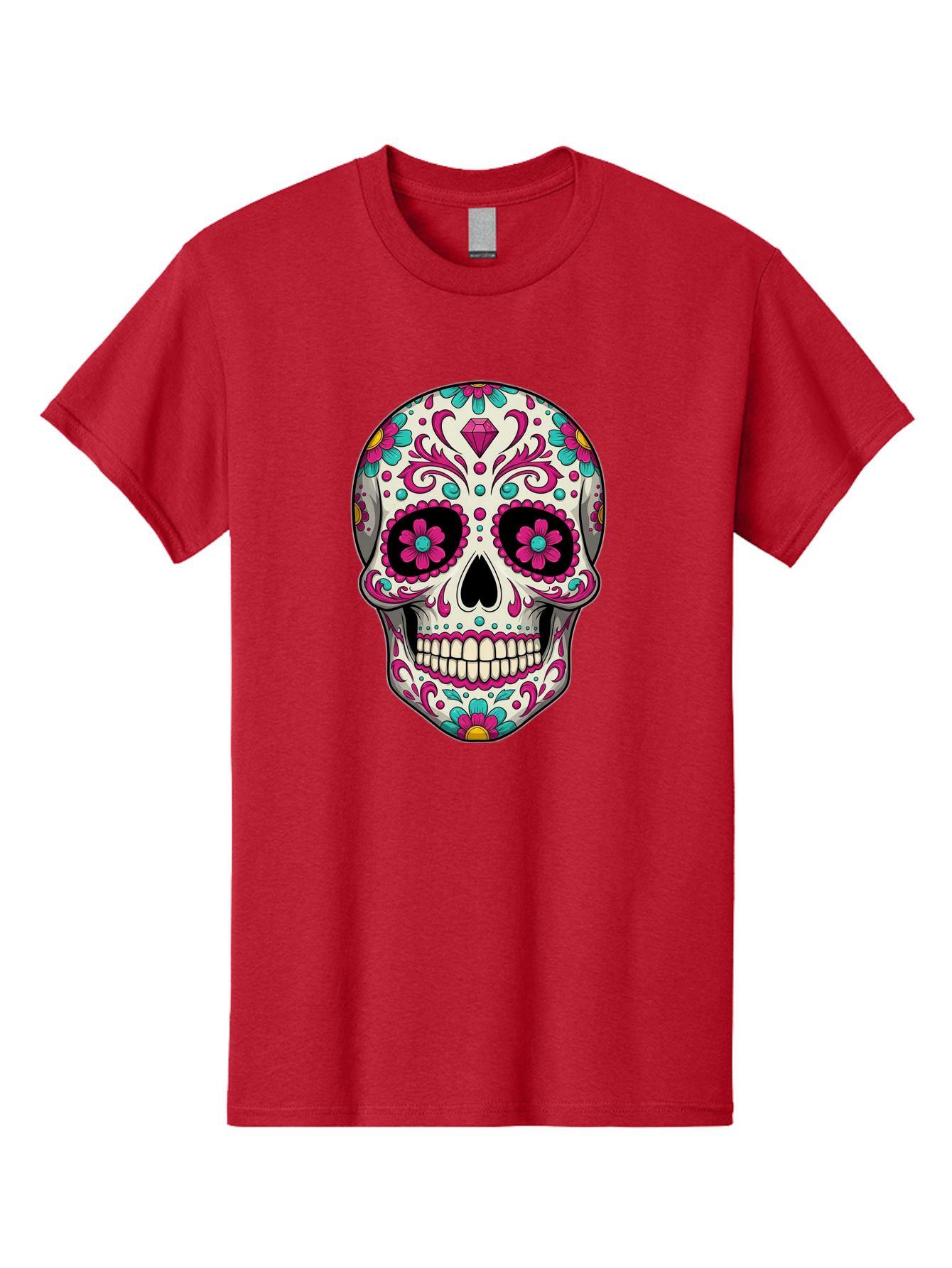 Sugar-Skull-13 Men'S Graphic Tee, 100% Cotton, Comfortable Casual Summer Wear, Machine Washable, Sugar Skull, Day Of The Dead, Colorful Skull, Floral Patterns, Vibrant Designs, Pink And Blue Flowers, Decorative Skull, Mexican Culture, Bad762 3