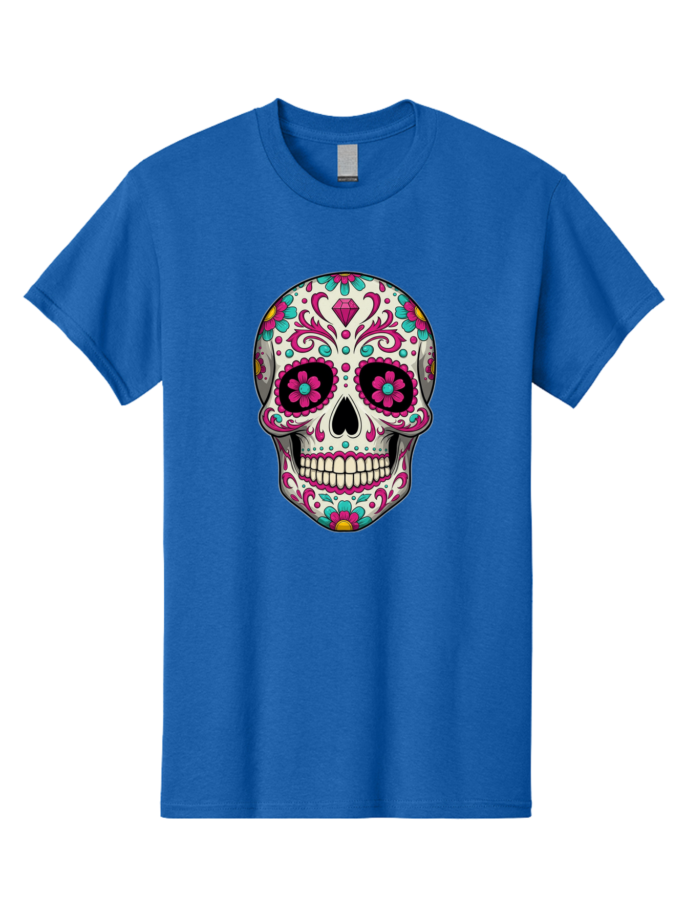 Sugar-Skull-13 Men'S Graphic Tee, 100% Cotton, Comfortable Casual Summer Wear, Machine Washable, Sugar Skull, Day Of The Dead, Colorful Skull, Floral Patterns, Vibrant Designs, Pink And Blue Flowers, Decorative Skull, Mexican Culture, Bad762 6