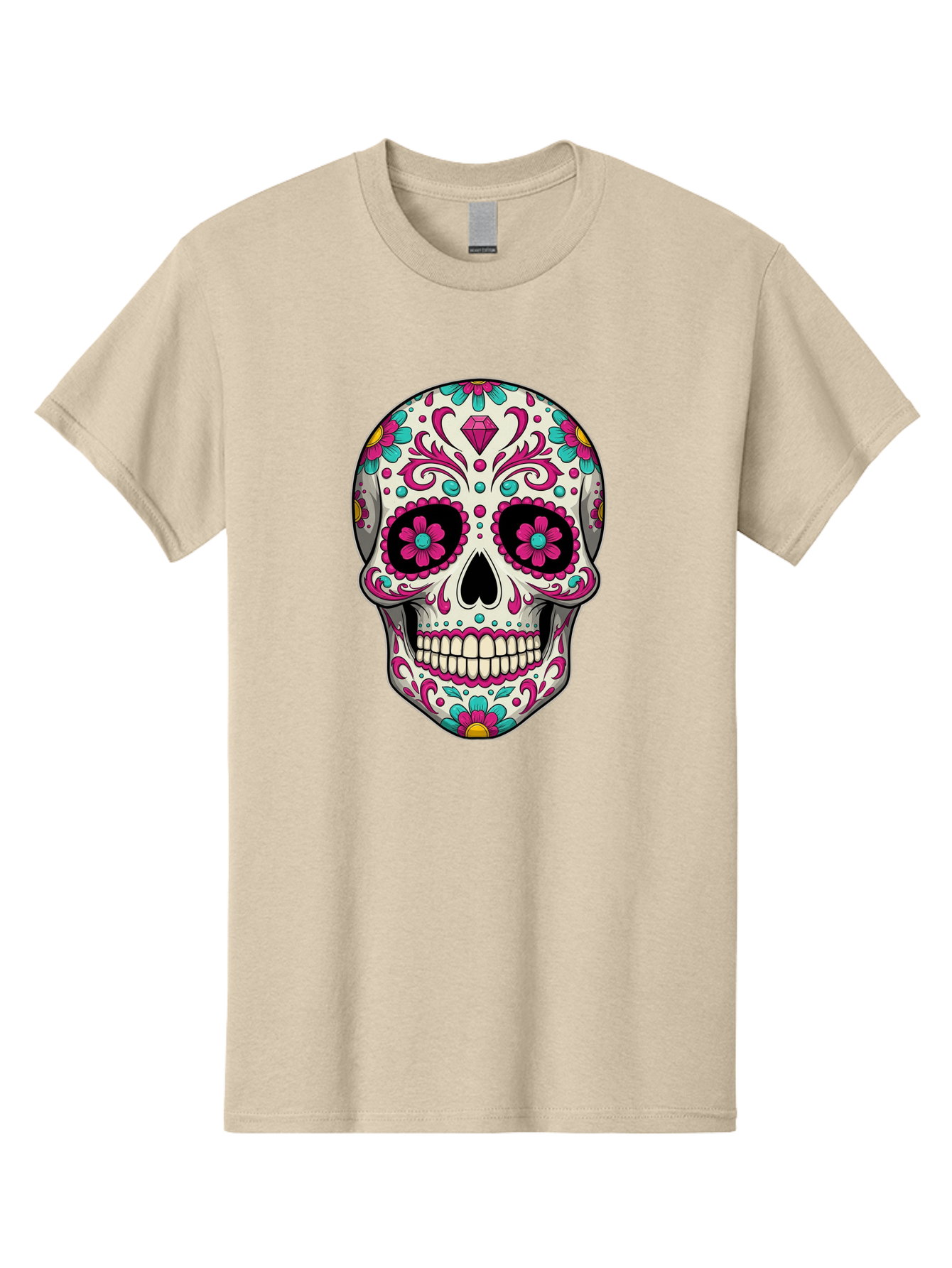 Sugar-Skull-13 Men'S Graphic Tee, 100% Cotton, Comfortable Casual Summer Wear, Machine Washable, Sugar Skull, Day Of The Dead, Colorful Skull, Floral Patterns, Vibrant Designs, Pink And Blue Flowers, Decorative Skull, Mexican Culture, Bad762 10