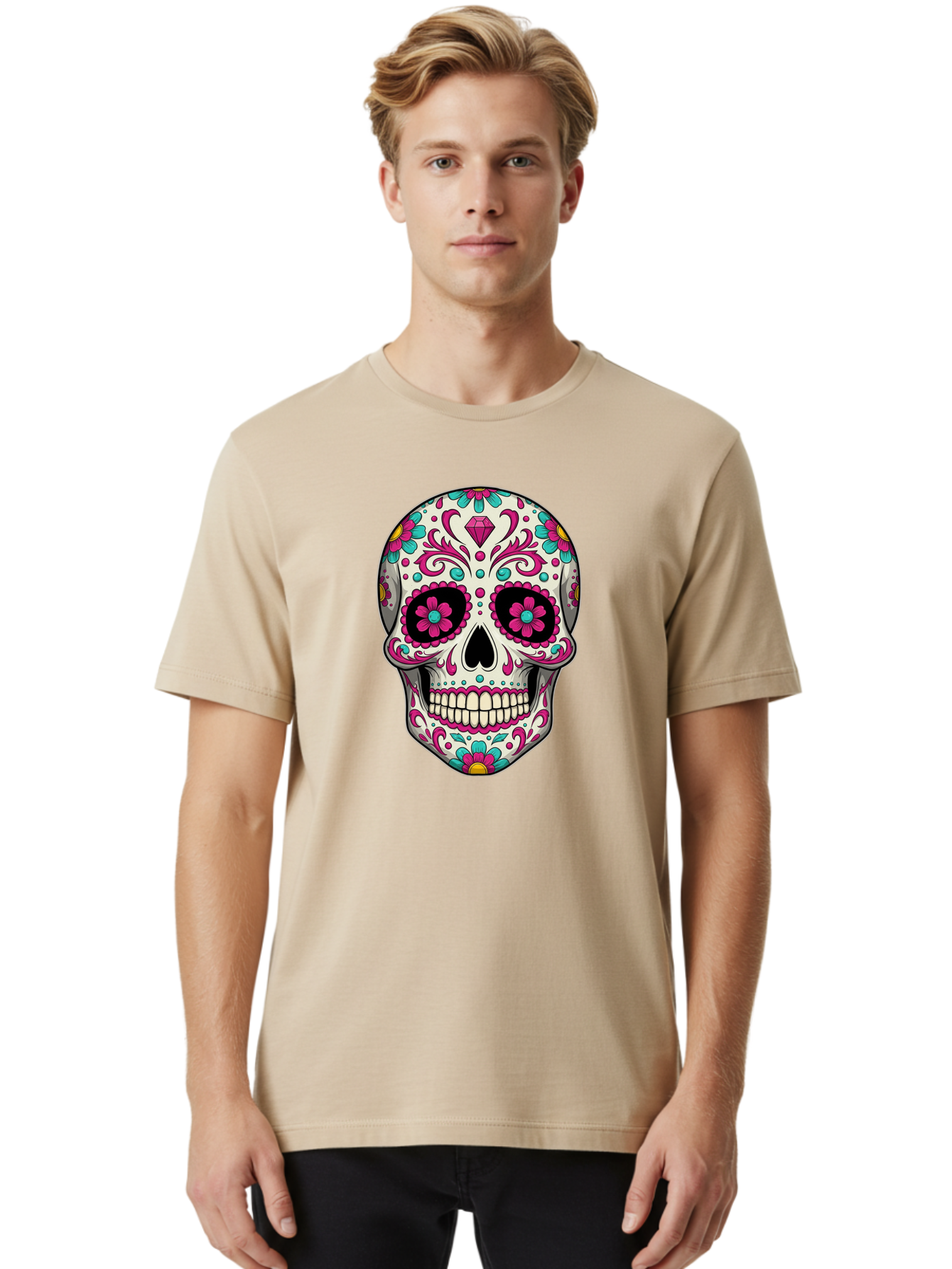 Sugar-Skull-13 Men'S Graphic Tee, 100% Cotton, Comfortable Casual Summer Wear, Machine Washable, Sugar Skull, Day Of The Dead, Colorful Skull, Floral Patterns, Vibrant Designs, Pink And Blue Flowers, Decorative Skull, Mexican Culture, Bad762 25