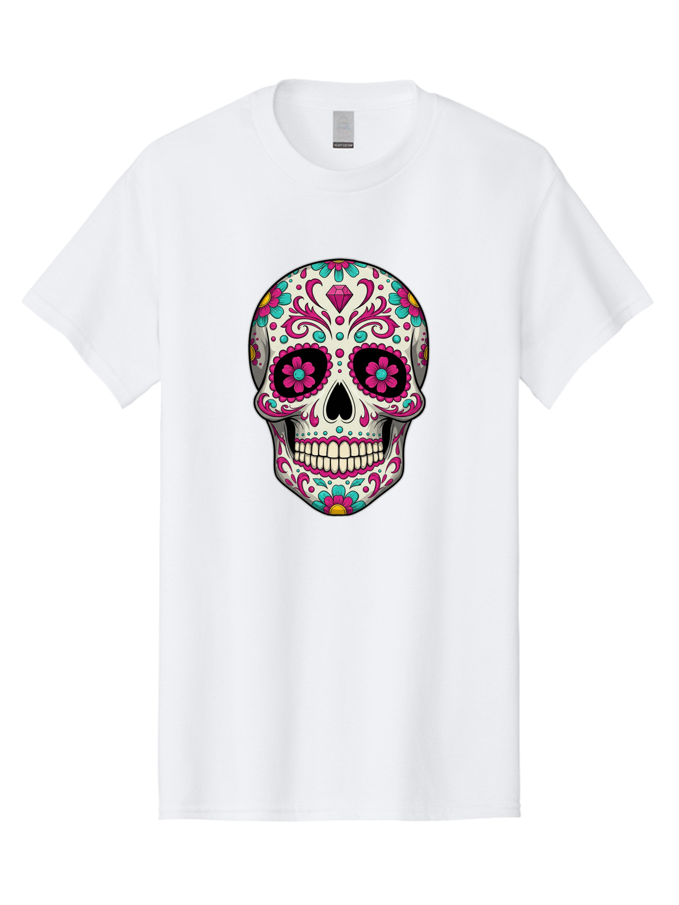 Sugar-Skull-13 Men'S Graphic Tee, 100% Cotton, Comfortable Casual Summer Wear, Machine Washable, Sugar Skull, Day Of The Dead, Colorful Skull, Floral Patterns, Vibrant Designs, Pink And Blue Flowers, Decorative Skull, Mexican Culture, Bad762 11