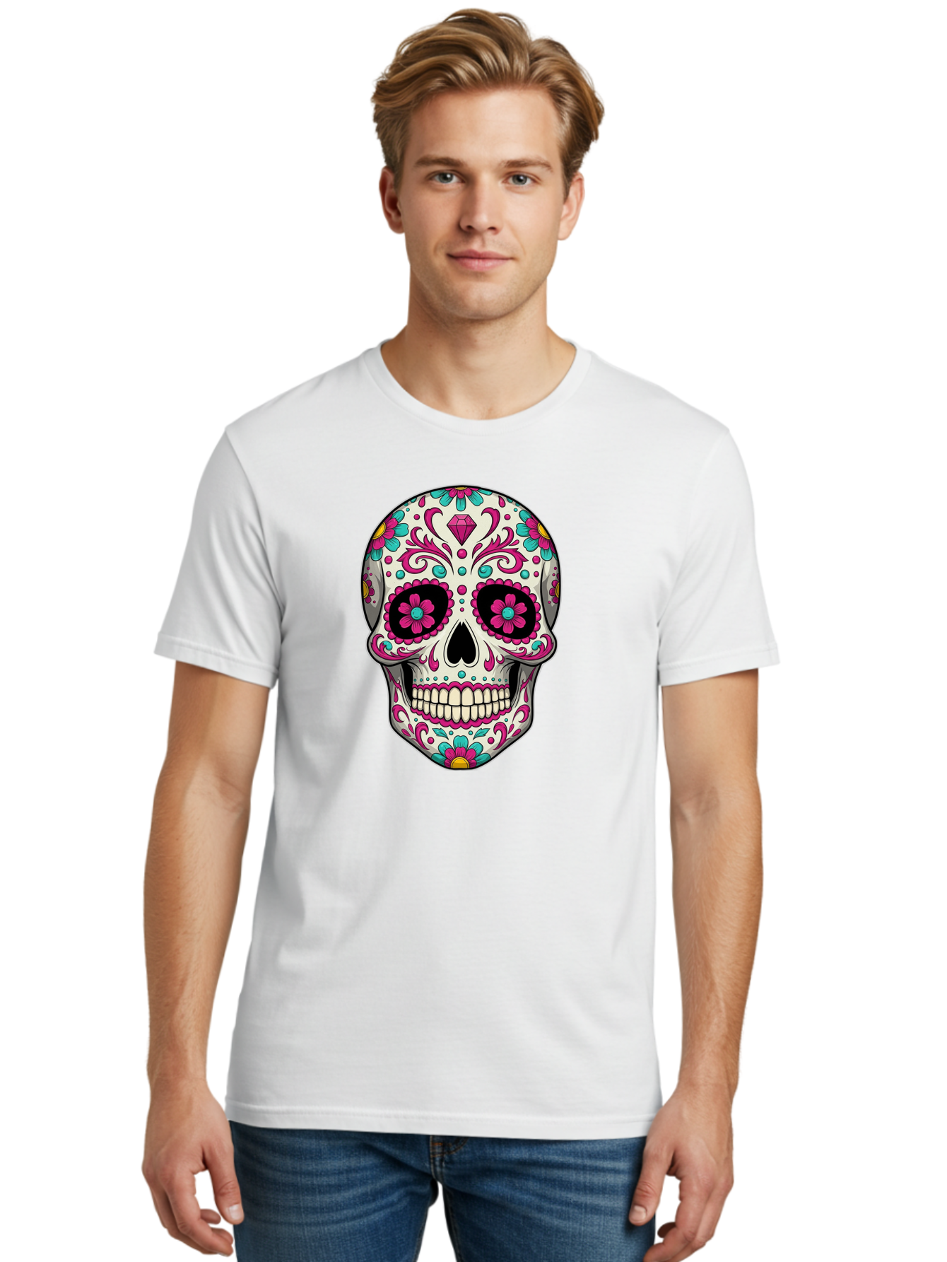 Sugar-Skull-13 Men'S Graphic Tee, 100% Cotton, Comfortable Casual Summer Wear, Machine Washable, Sugar Skull, Day Of The Dead, Colorful Skull, Floral Patterns, Vibrant Designs, Pink And Blue Flowers, Decorative Skull, Mexican Culture, Bad762 26