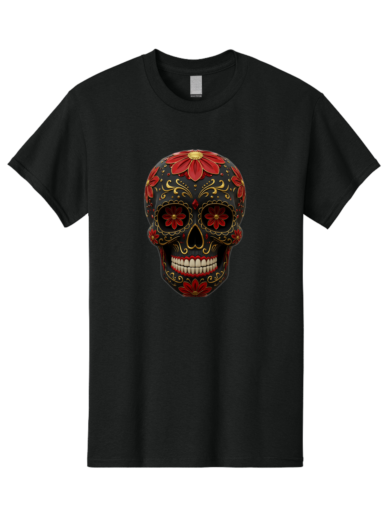 Sugar-Skull-14 Men'S Graphic Tee, 100% Cotton, Comfortable Casual Summer Wear, Machine Washable, Sugar Skull, Day Of The Dead, Floral Designs, Skull Art, Mexican Culture, Gold Filigree, Red Flowers, Black Skull, Decorative Skull, Bad763 8