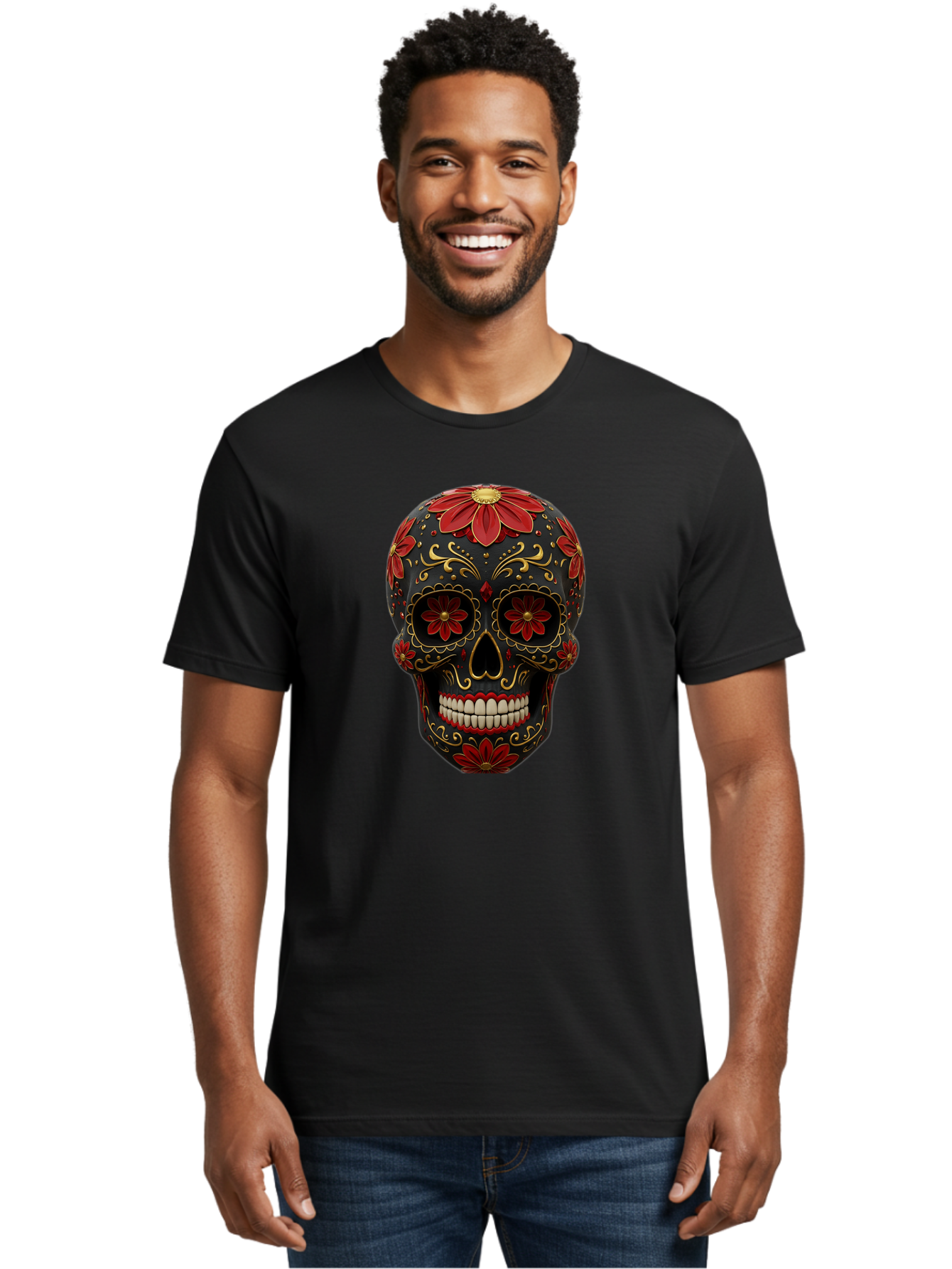 Sugar-Skull-14 Men'S Graphic Tee, 100% Cotton, Comfortable Casual Summer Wear, Machine Washable, Sugar Skull, Day Of The Dead, Floral Designs, Skull Art, Mexican Culture, Gold Filigree, Red Flowers, Black Skull, Decorative Skull, Bad763 23