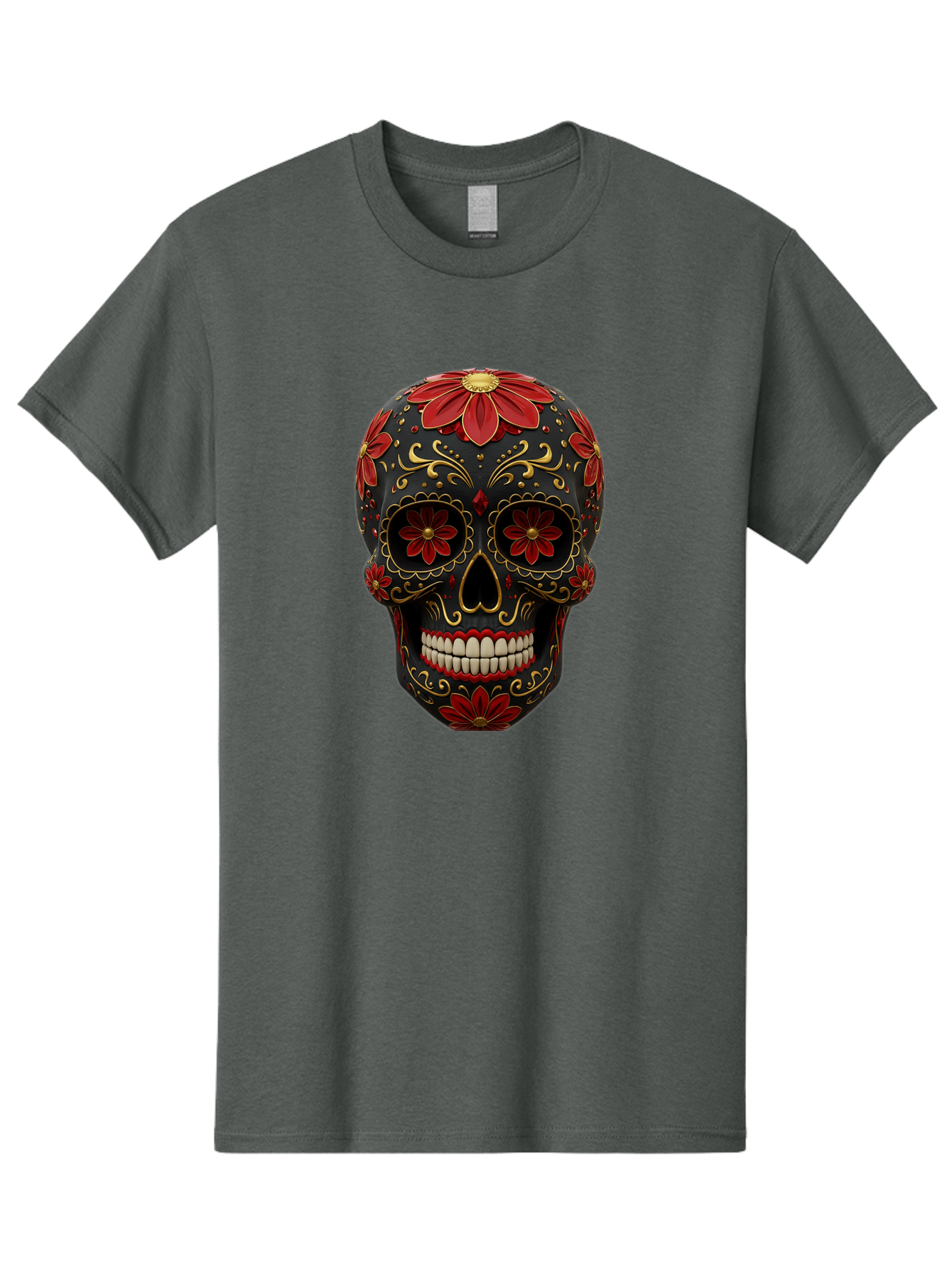 Sugar-Skull-14 Men'S Graphic Tee, 100% Cotton, Comfortable Casual Summer Wear, Machine Washable, Sugar Skull, Day Of The Dead, Floral Designs, Skull Art, Mexican Culture, Gold Filigree, Red Flowers, Black Skull, Decorative Skull, Bad763 13