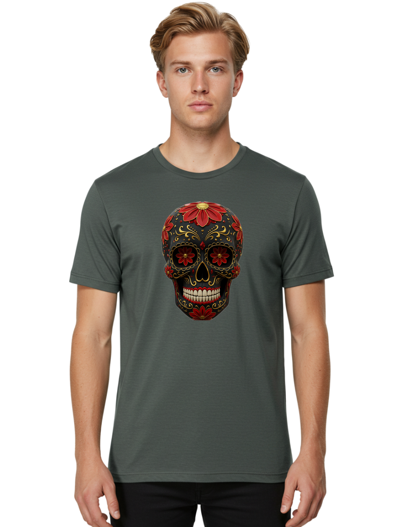 Sugar-Skull-14 Men'S Graphic Tee, 100% Cotton, Comfortable Casual Summer Wear, Machine Washable, Sugar Skull, Day Of The Dead, Floral Designs, Skull Art, Mexican Culture, Gold Filigree, Red Flowers, Black Skull, Decorative Skull, Bad763 28