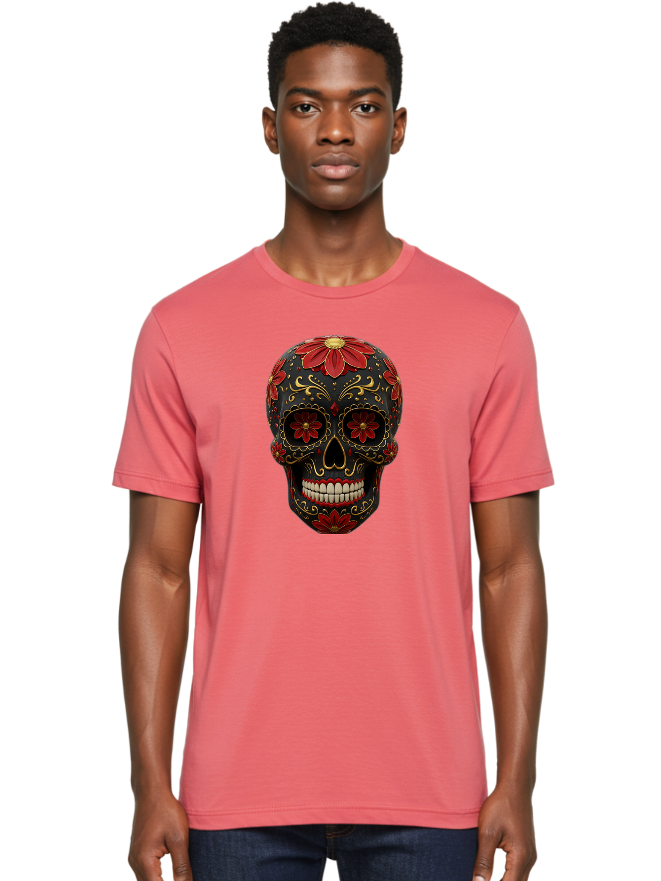 Sugar-Skull-14 Men'S Graphic Tee, 100% Cotton, Comfortable Casual Summer Wear, Machine Washable, Sugar Skull, Day Of The Dead, Floral Designs, Skull Art, Mexican Culture, Gold Filigree, Red Flowers, Black Skull, Decorative Skull, Bad763 17