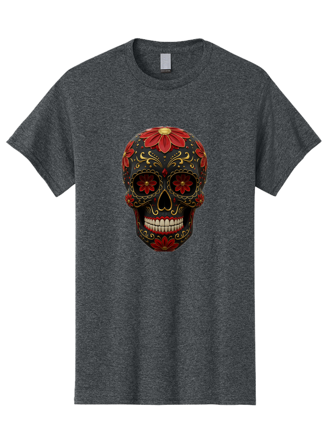 Sugar-Skull-14 Men'S Graphic Tee, 100% Cotton, Comfortable Casual Summer Wear, Machine Washable, Sugar Skull, Day Of The Dead, Floral Designs, Skull Art, Mexican Culture, Gold Filigree, Red Flowers, Black Skull, Decorative Skull, Bad763 5