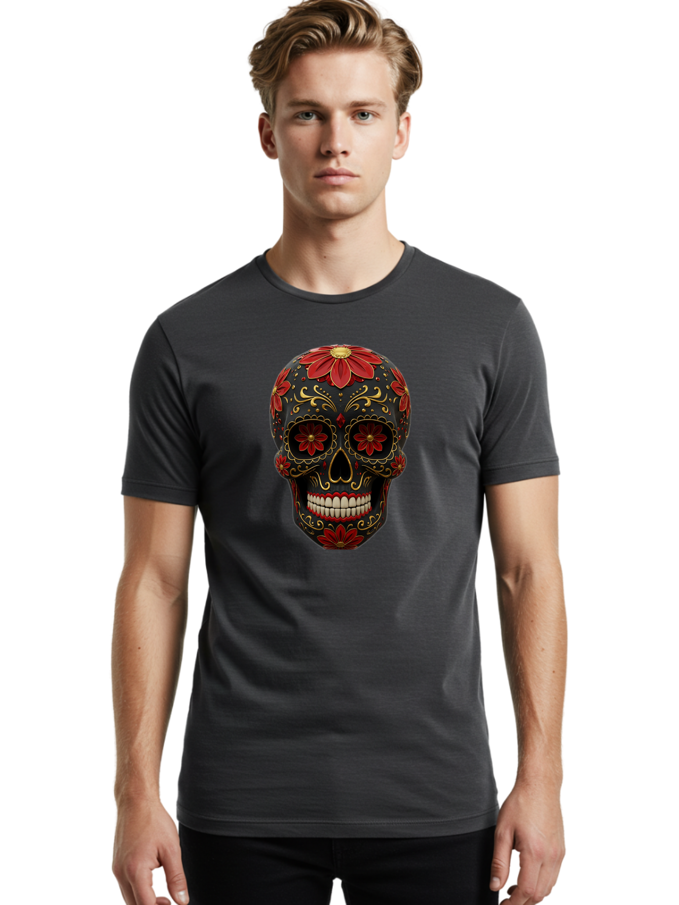 Sugar-Skull-14 Men'S Graphic Tee, 100% Cotton, Comfortable Casual Summer Wear, Machine Washable, Sugar Skull, Day Of The Dead, Floral Designs, Skull Art, Mexican Culture, Gold Filigree, Red Flowers, Black Skull, Decorative Skull, Bad763 20
