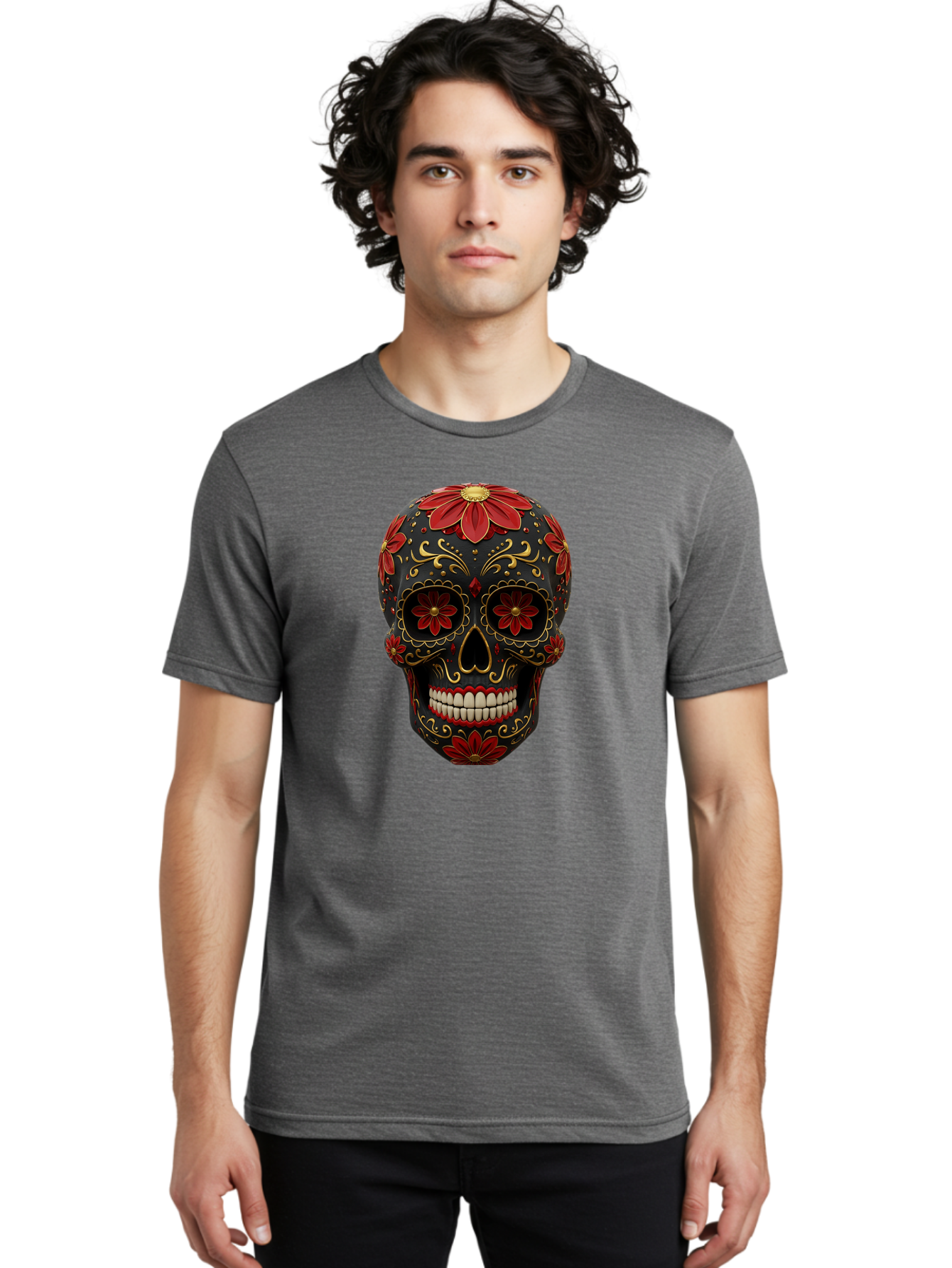 Sugar-Skull-14 Men'S Graphic Tee, 100% Cotton, Comfortable Casual Summer Wear, Machine Washable, Sugar Skull, Day Of The Dead, Floral Designs, Skull Art, Mexican Culture, Gold Filigree, Red Flowers, Black Skull, Decorative Skull, Bad763 22