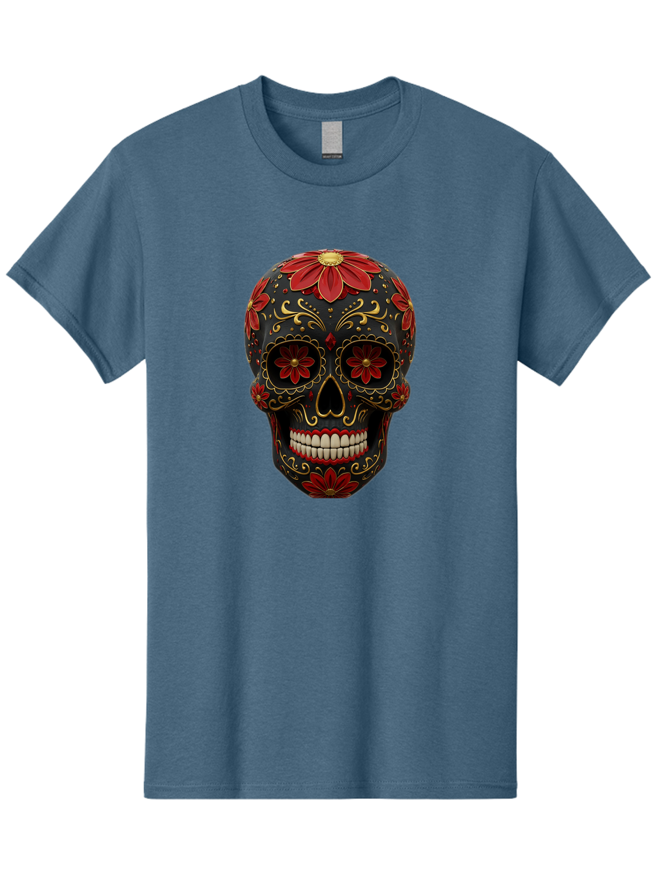 Sugar-Skull-14 Men'S Graphic Tee, 100% Cotton, Comfortable Casual Summer Wear, Machine Washable, Sugar Skull, Day Of The Dead, Floral Designs, Skull Art, Mexican Culture, Gold Filigree, Red Flowers, Black Skull, Decorative Skull, Bad763 4