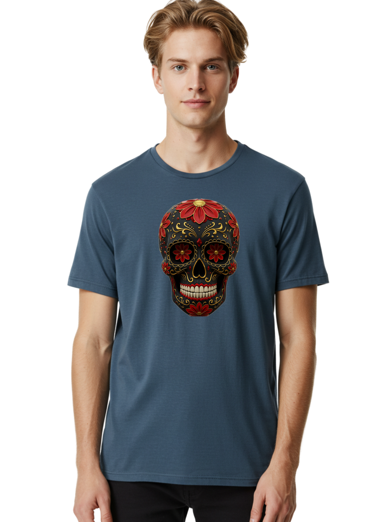 Sugar-Skull-14 Men'S Graphic Tee, 100% Cotton, Comfortable Casual Summer Wear, Machine Washable, Sugar Skull, Day Of The Dead, Floral Designs, Skull Art, Mexican Culture, Gold Filigree, Red Flowers, Black Skull, Decorative Skull, Bad763 19