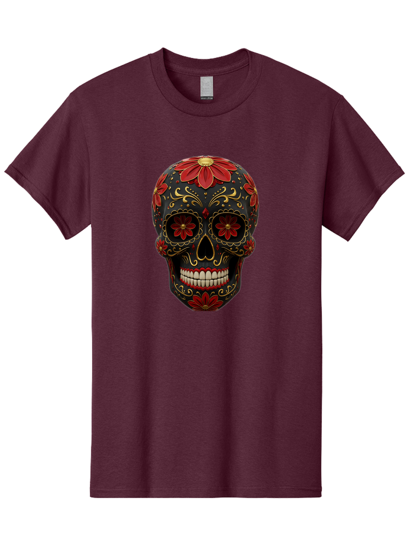 Sugar-Skull-14 Men'S Graphic Tee, 100% Cotton, Comfortable Casual Summer Wear, Machine Washable, Sugar Skull, Day Of The Dead, Floral Designs, Skull Art, Mexican Culture, Gold Filigree, Red Flowers, Black Skull, Decorative Skull, Bad763 3