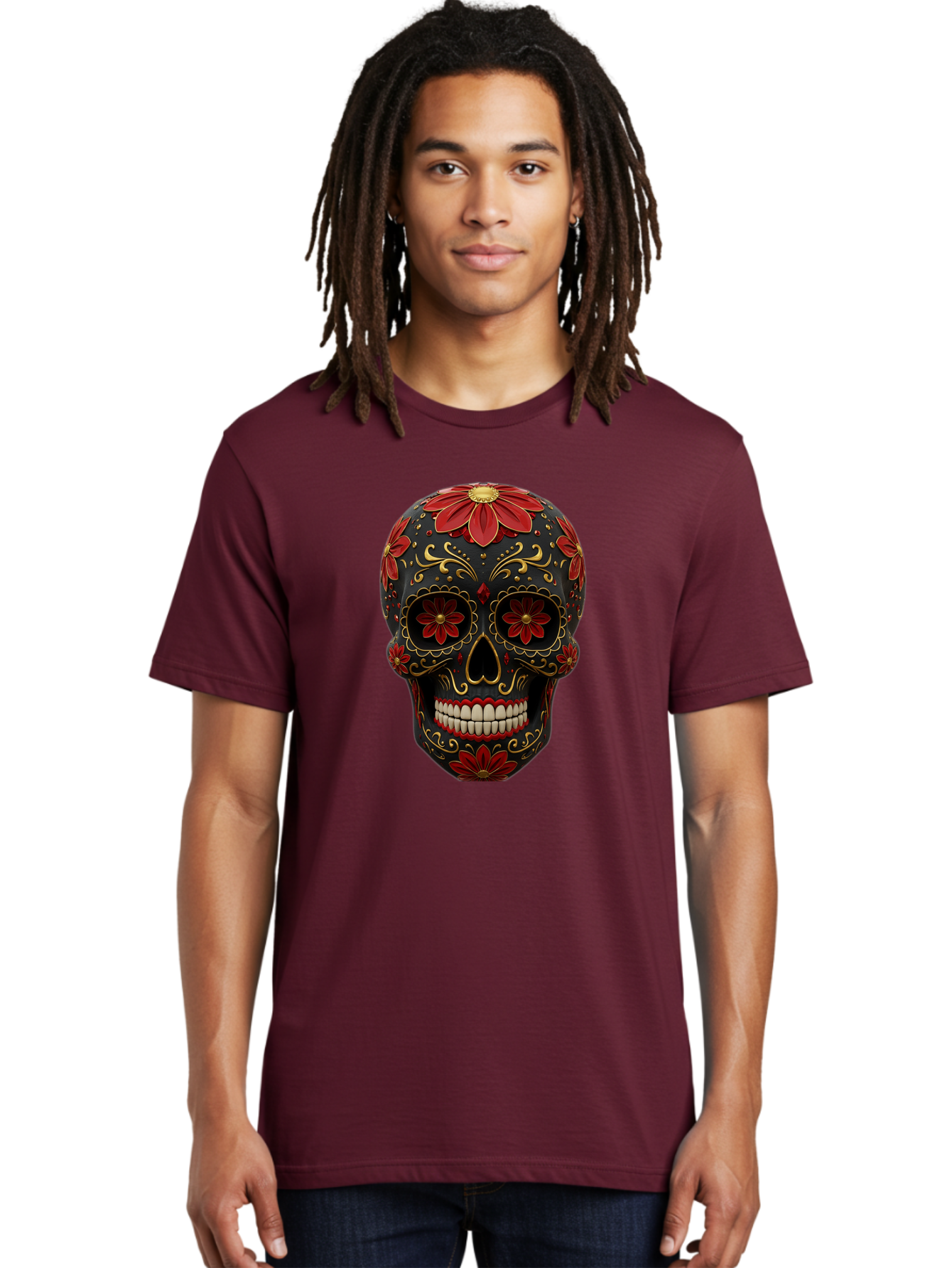 Sugar-Skull-14 Men'S Graphic Tee, 100% Cotton, Comfortable Casual Summer Wear, Machine Washable, Sugar Skull, Day Of The Dead, Floral Designs, Skull Art, Mexican Culture, Gold Filigree, Red Flowers, Black Skull, Decorative Skull, Bad763 18