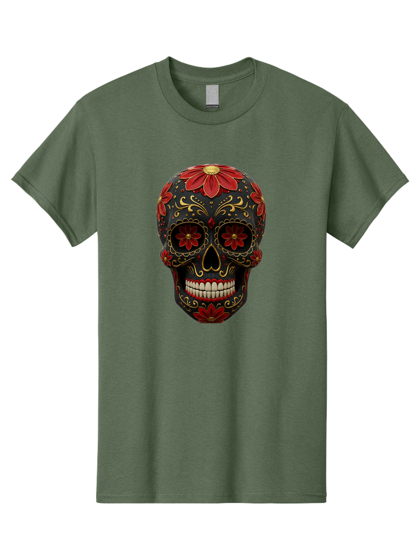 Sugar-Skull-14 Men'S Graphic Tee, 100% Cotton, Comfortable Casual Summer Wear, Machine Washable, Sugar Skull, Day Of The Dead, Floral Designs, Skull Art, Mexican Culture, Gold Filigree, Red Flowers, Black Skull, Decorative Skull, Bad763 9