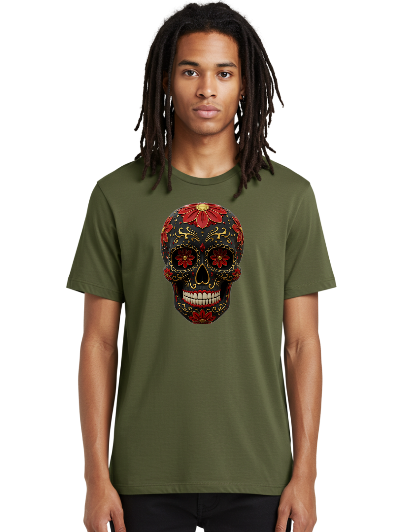Sugar-Skull-14 Men'S Graphic Tee, 100% Cotton, Comfortable Casual Summer Wear, Machine Washable, Sugar Skull, Day Of The Dead, Floral Designs, Skull Art, Mexican Culture, Gold Filigree, Red Flowers, Black Skull, Decorative Skull, Bad763 24