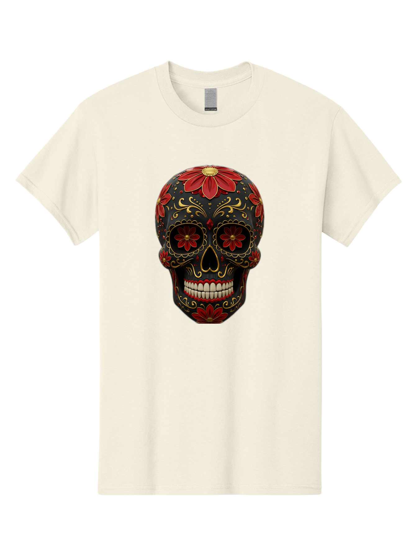 Sugar-Skull-14 Men'S Graphic Tee, 100% Cotton, Comfortable Casual Summer Wear, Machine Washable, Sugar Skull, Day Of The Dead, Floral Designs, Skull Art, Mexican Culture, Gold Filigree, Red Flowers, Black Skull, Decorative Skull, Bad763 6